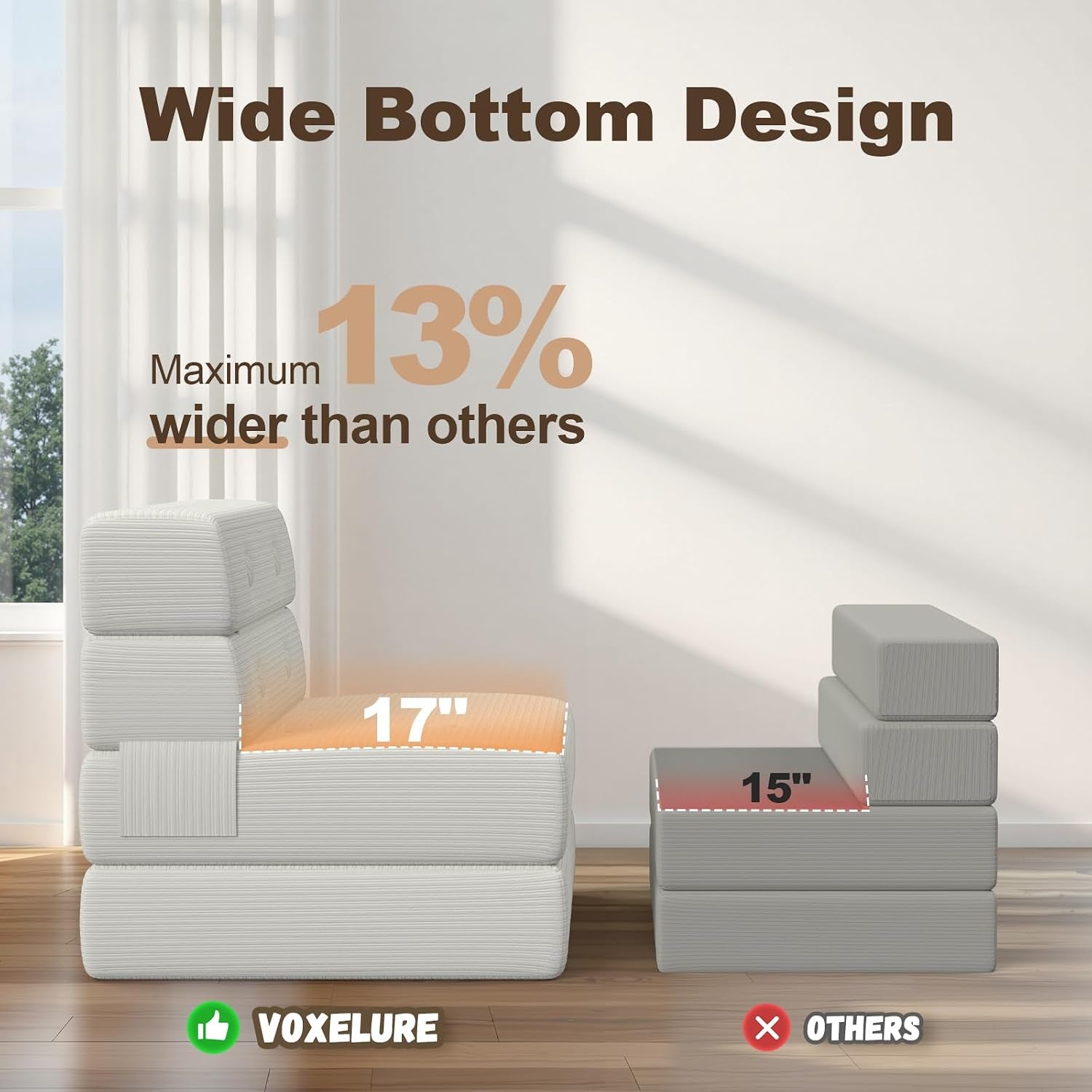 Side-by-side comparison showing wider 17" seat of the product versus a narrower alternative