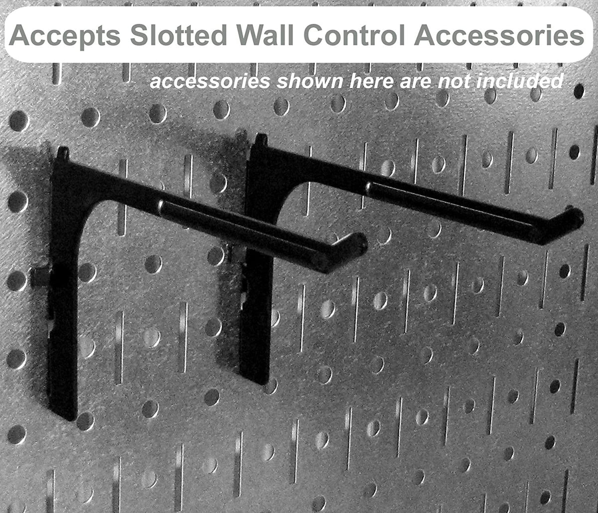 Close-up of two black metal hooks mounted on a slotted metal pegboard