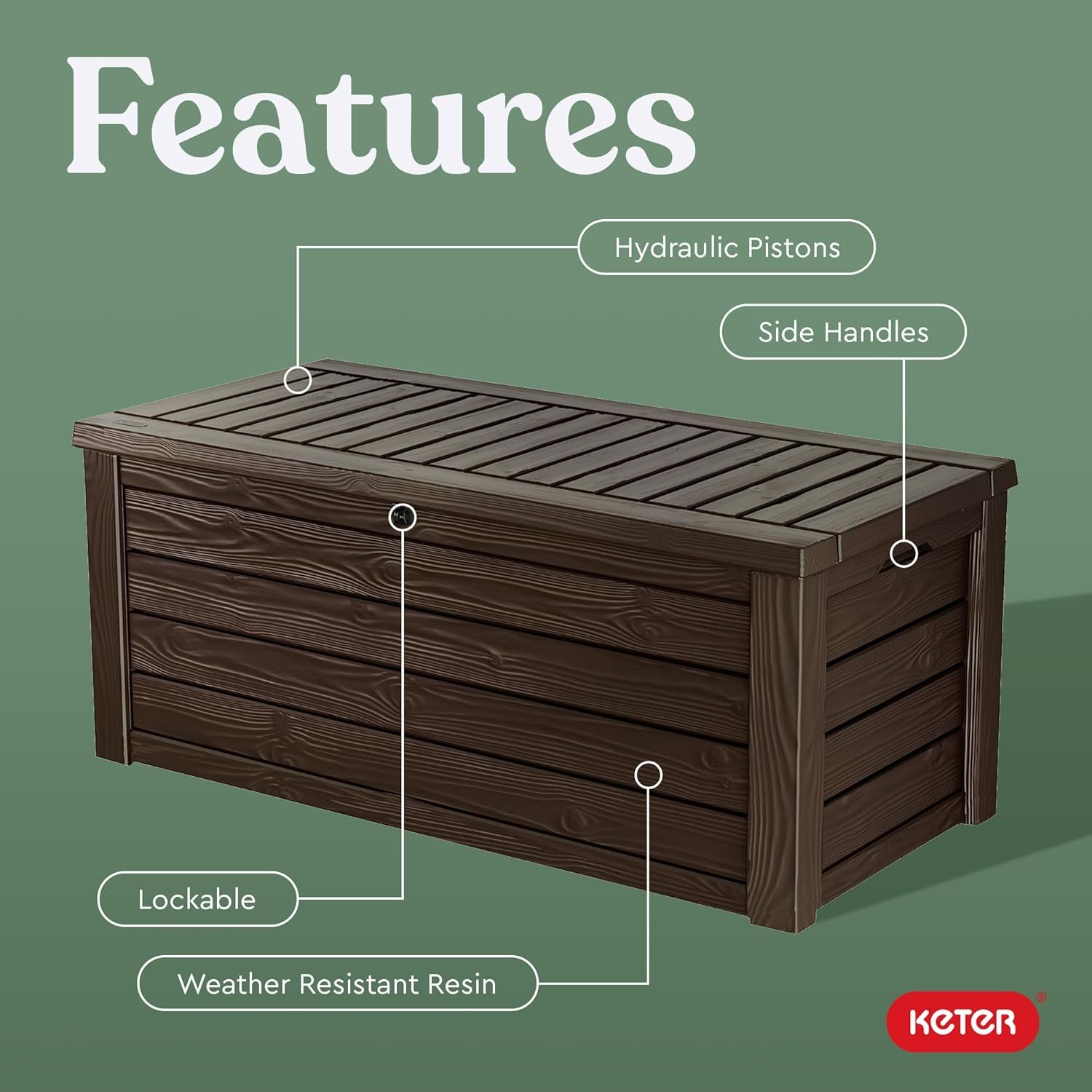 Brown wood-textured resin deck box graphic showing labels for hydraulic pistons, side handles and lock