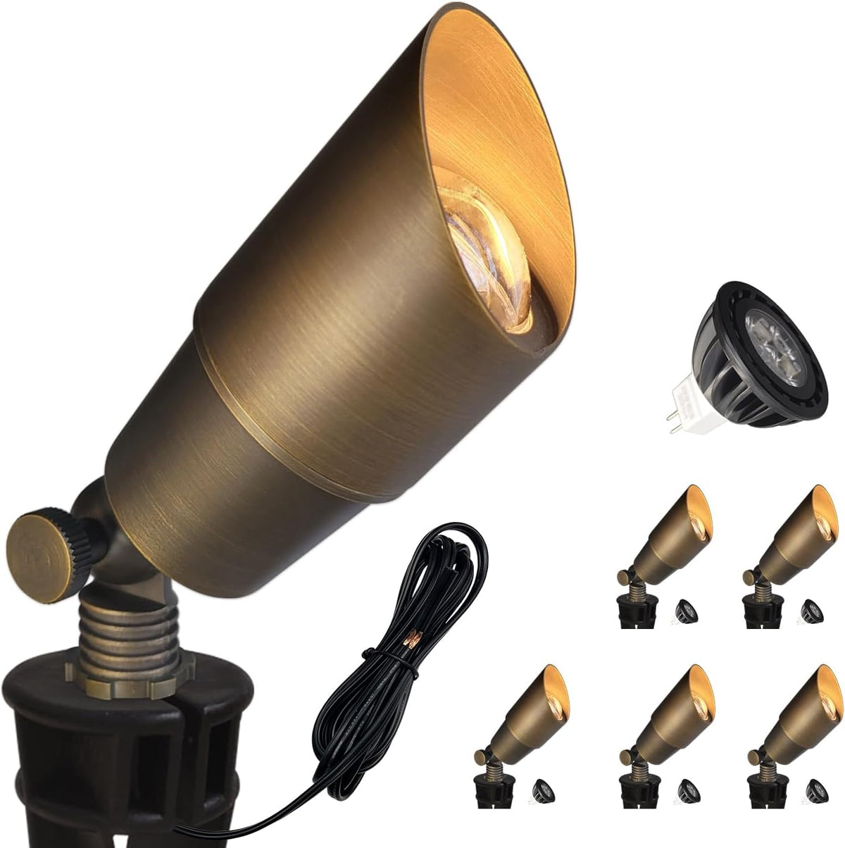 Bronze finish landscape spotlight angled close-up showing MR16 lamp, 40-inch lead wire and PVC ground stake