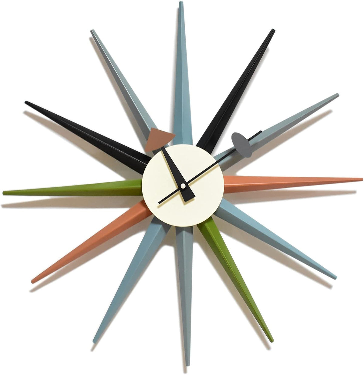 Close-up front view of multicolor sunburst clock showing painted wood spokes and cream circular dial