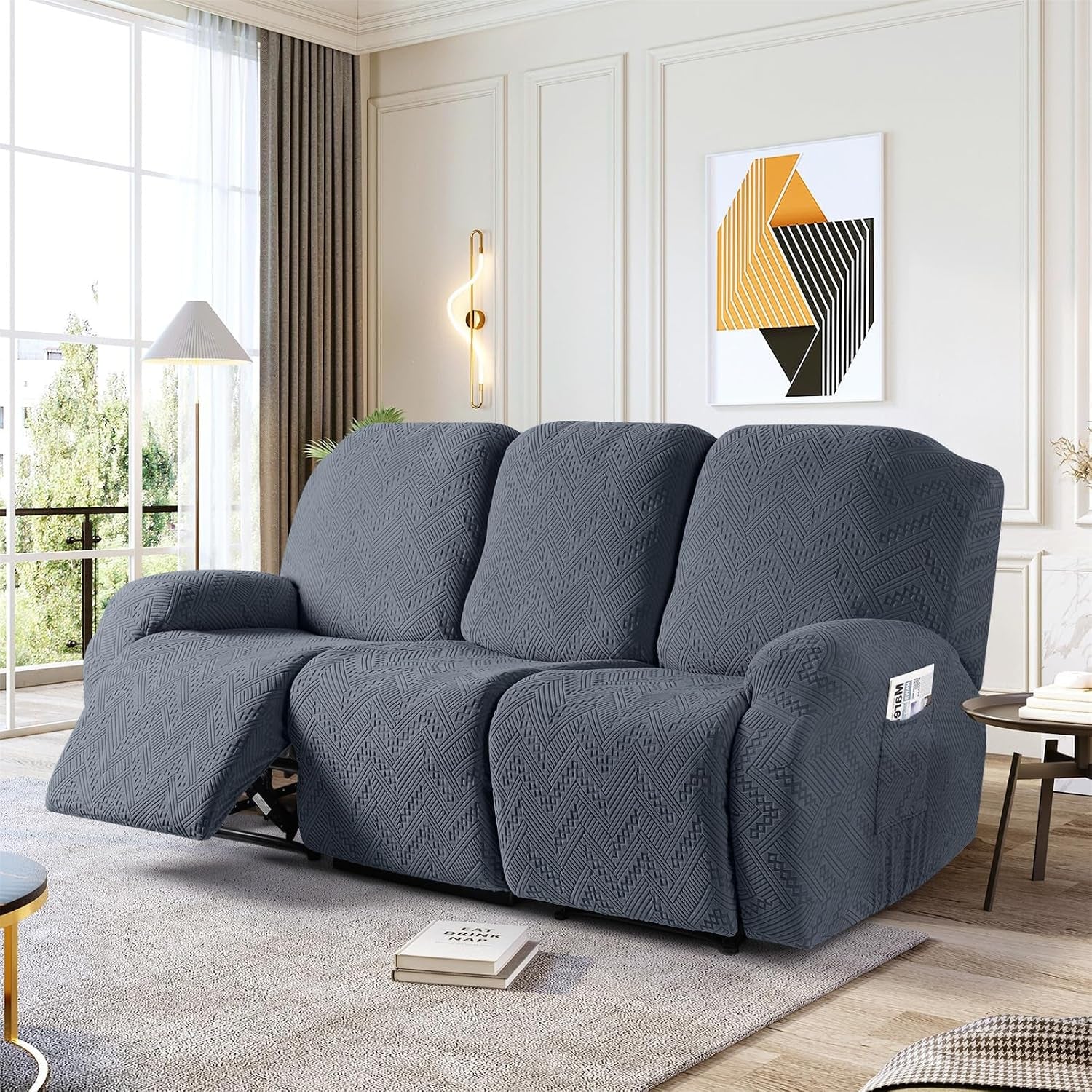 Recliner Sofa Covers Recliner Chair Covers Couch Covers for Reclining Couches with Pockets Washable Furniture Protector with Elastic Bottom (3 Seater, Grey)