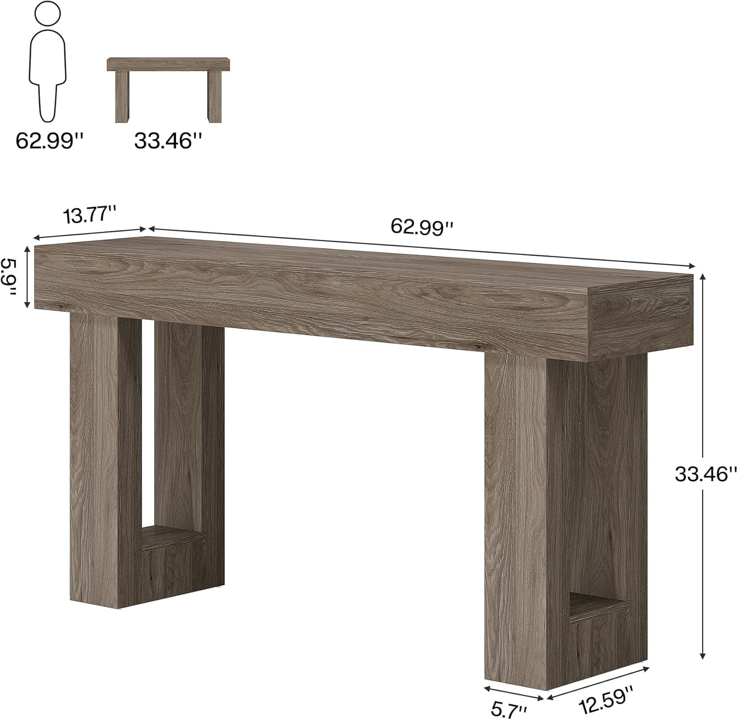 63-inch console table diagram illustrating top and leg dimensions with width and height measurements