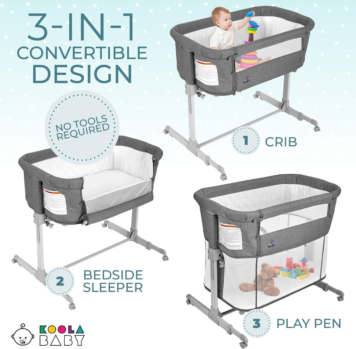 Three product configurations shown: standalone crib, bedside sleeper attached to bed, and playpen with mesh sides, all in