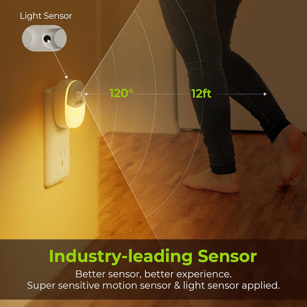 Wall-mounted night light casting a 120° fan of light toward a person’s feet with distance markers.