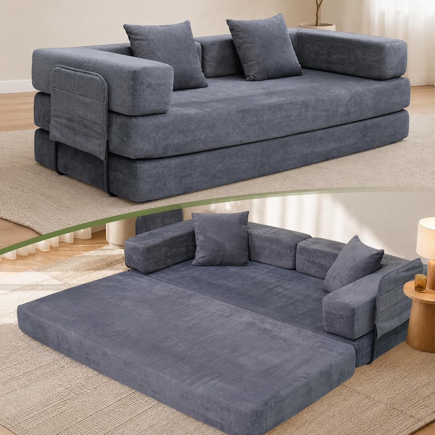 Gray corduroy convertible floor loveseat shown as sofa on top and folded-out bed below in a neutral room.