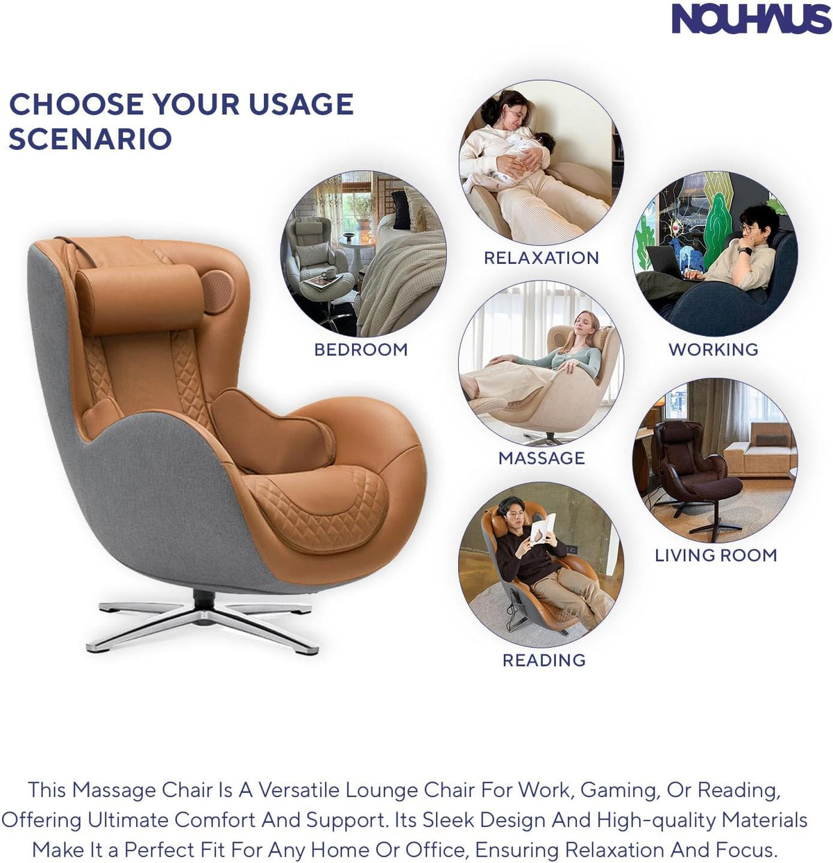 Caramel leather and gray fabric chair shown with circular lifestyle icons depicting bedroom, relaxation, working and reading