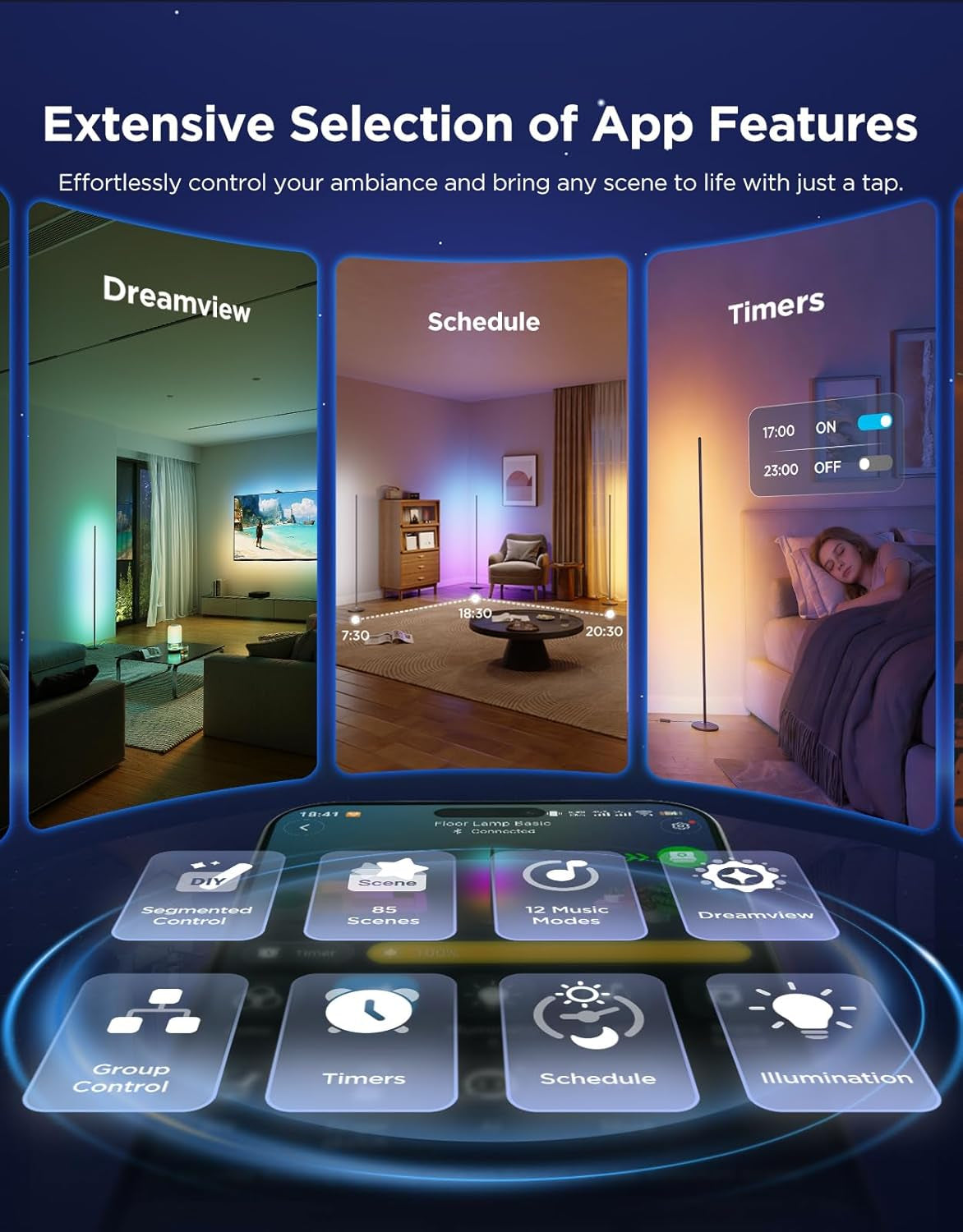 App feature collage showing scene, schedule and timer previews with the slim floor lamp in room backgrounds