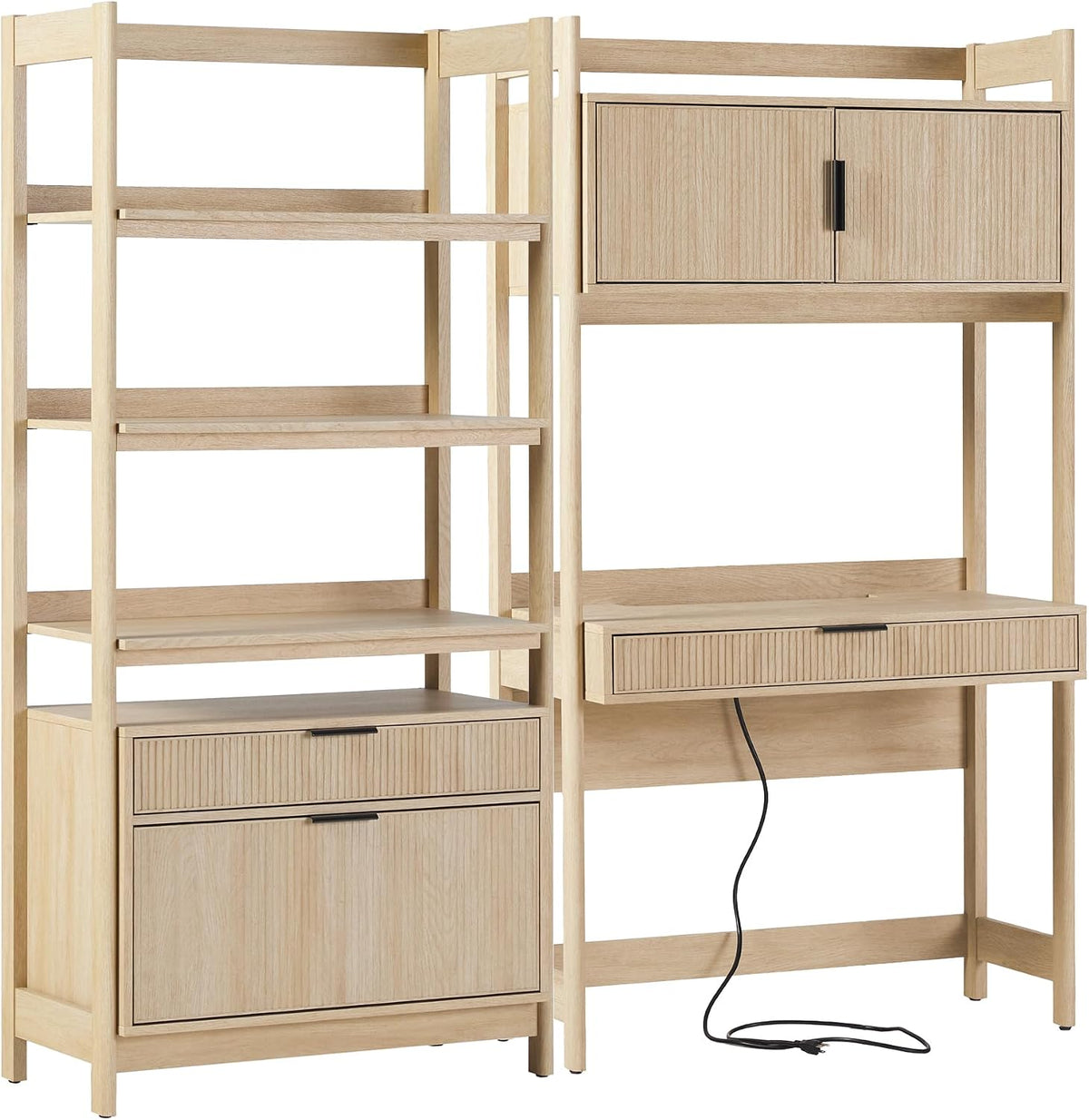 Light wood two-piece hutch desk and bookcase on a white background showing reeded drawer fronts and visible power cord.