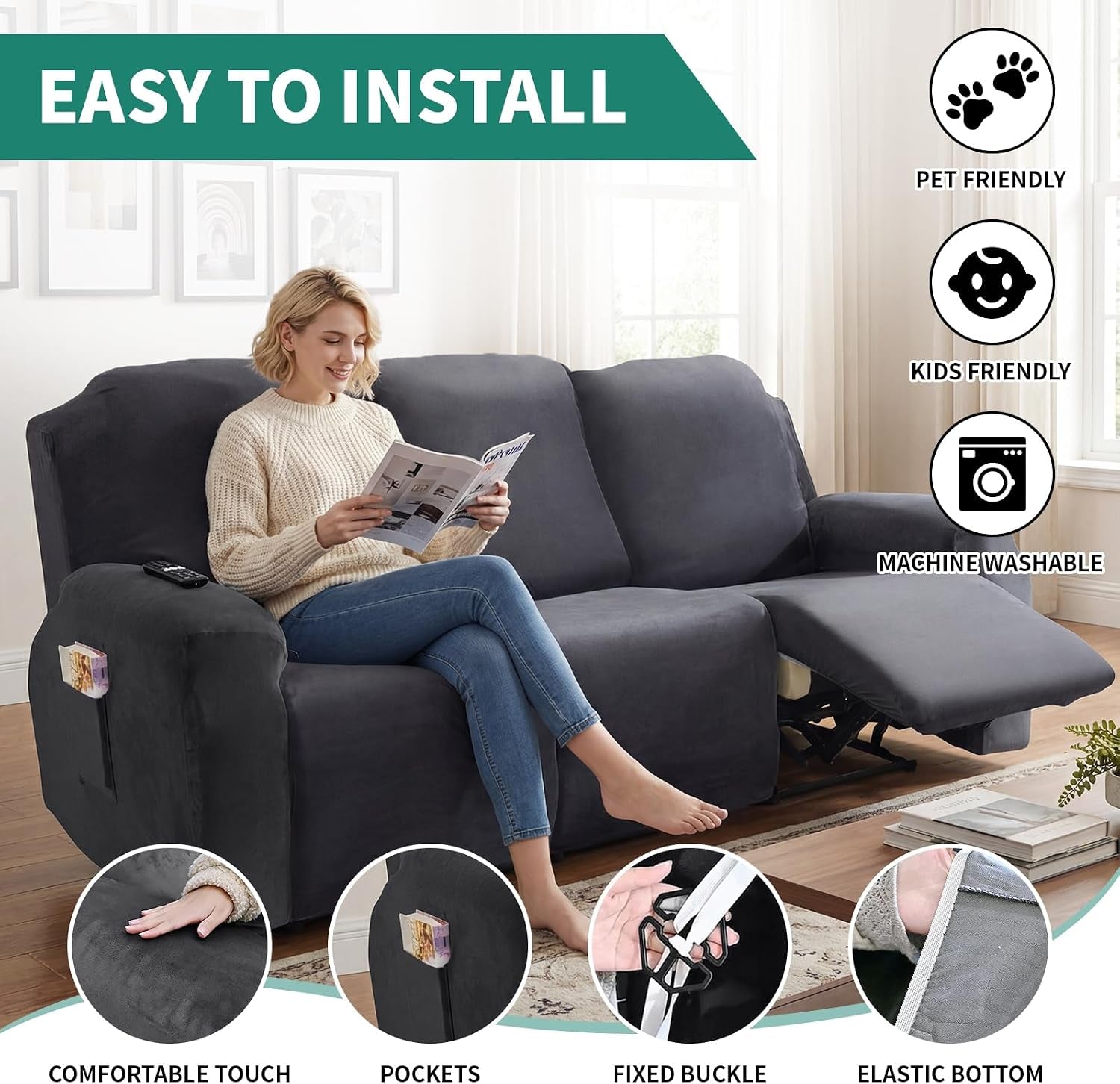 Person reading on a dark grey slipcovered recliner with insets highlighting comfortable touch, pockets, fixed buckles and an