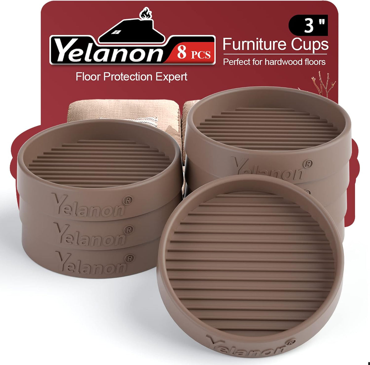 Three stacks of brown round ribbed furniture pads with one pad tipped forward against red backing