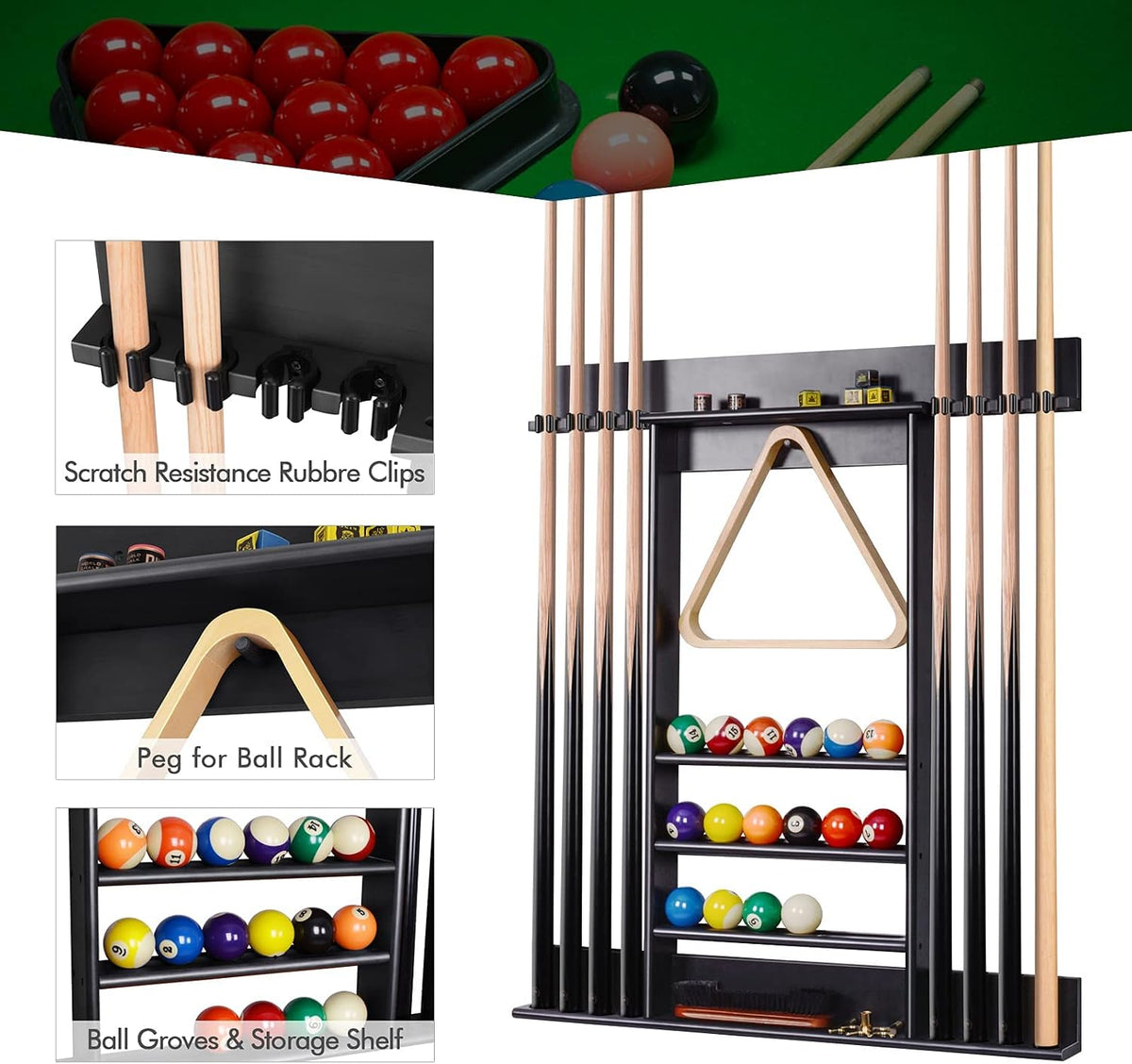 Composite close-ups of rubber cue clips, peg for triangle rack, ball grooves and storage shelf with brush and accessories.