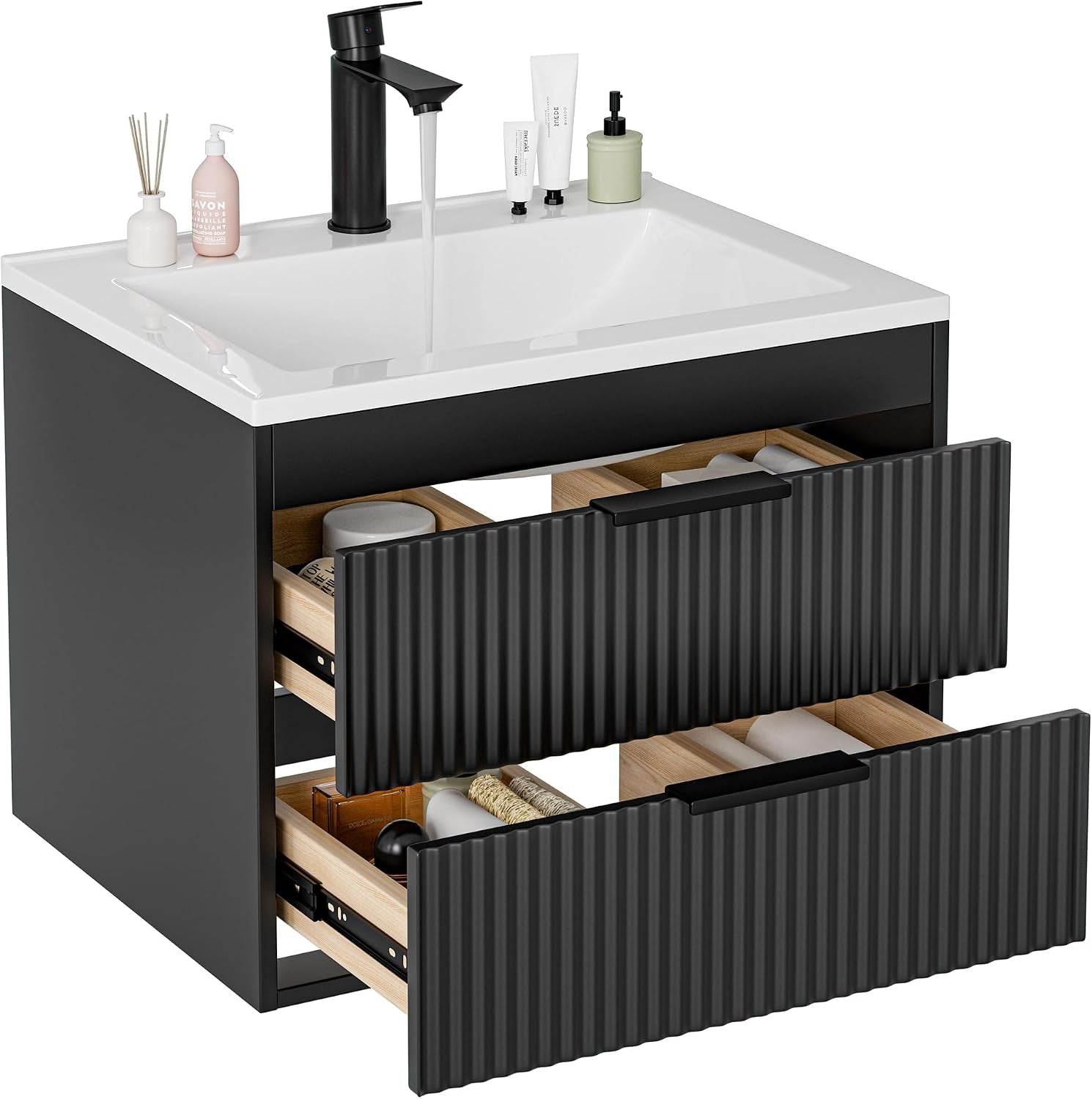 Three-quarter front view of a black floating bathroom vanity with white resin sink and two ribbed drawers open slightly.