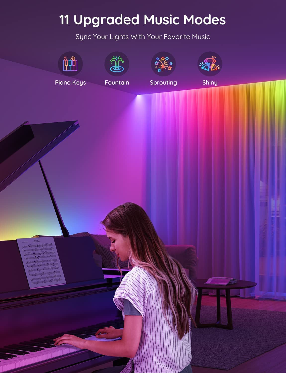 Woman playing a grand piano beside floor-to-ceiling curtains bathed in rainbow RGBIC backlighting
