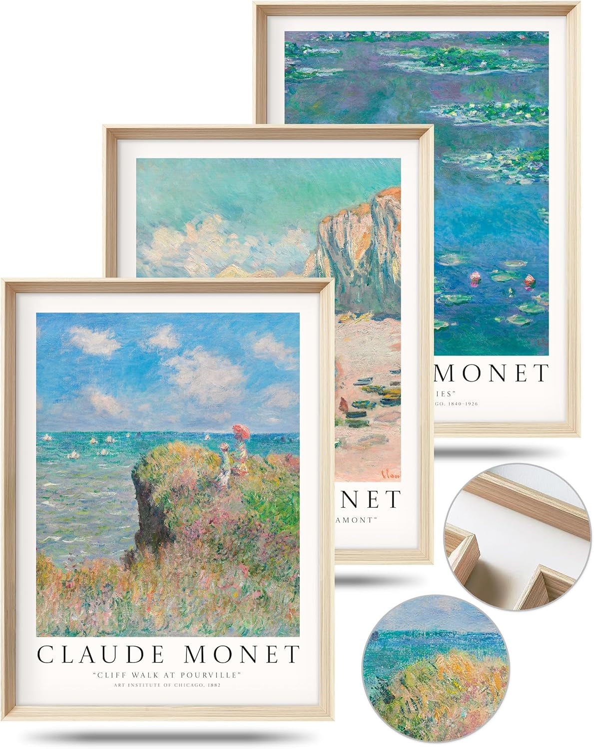 Three overlapping framed Claude Monet prints with pale wood frames, plus two circular detail insets and a frame corner