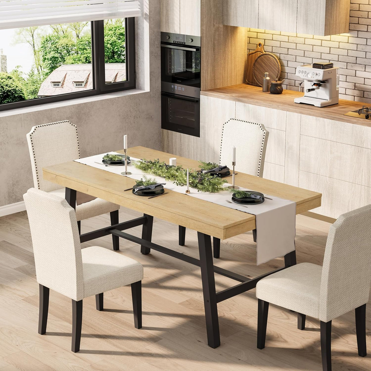 Dining table with light oak top and black metal trestle base in a bright kitchen setting.