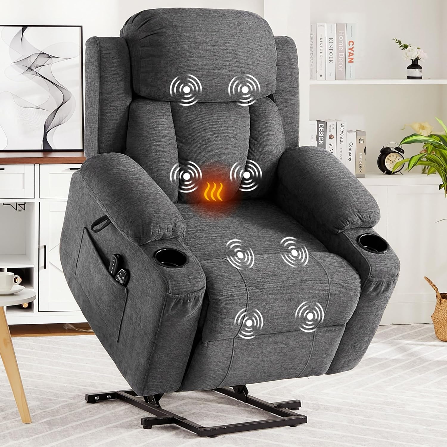 Grey chenille recliner front view in living room with cup holders, side pocket and vibration icons on the seat and back