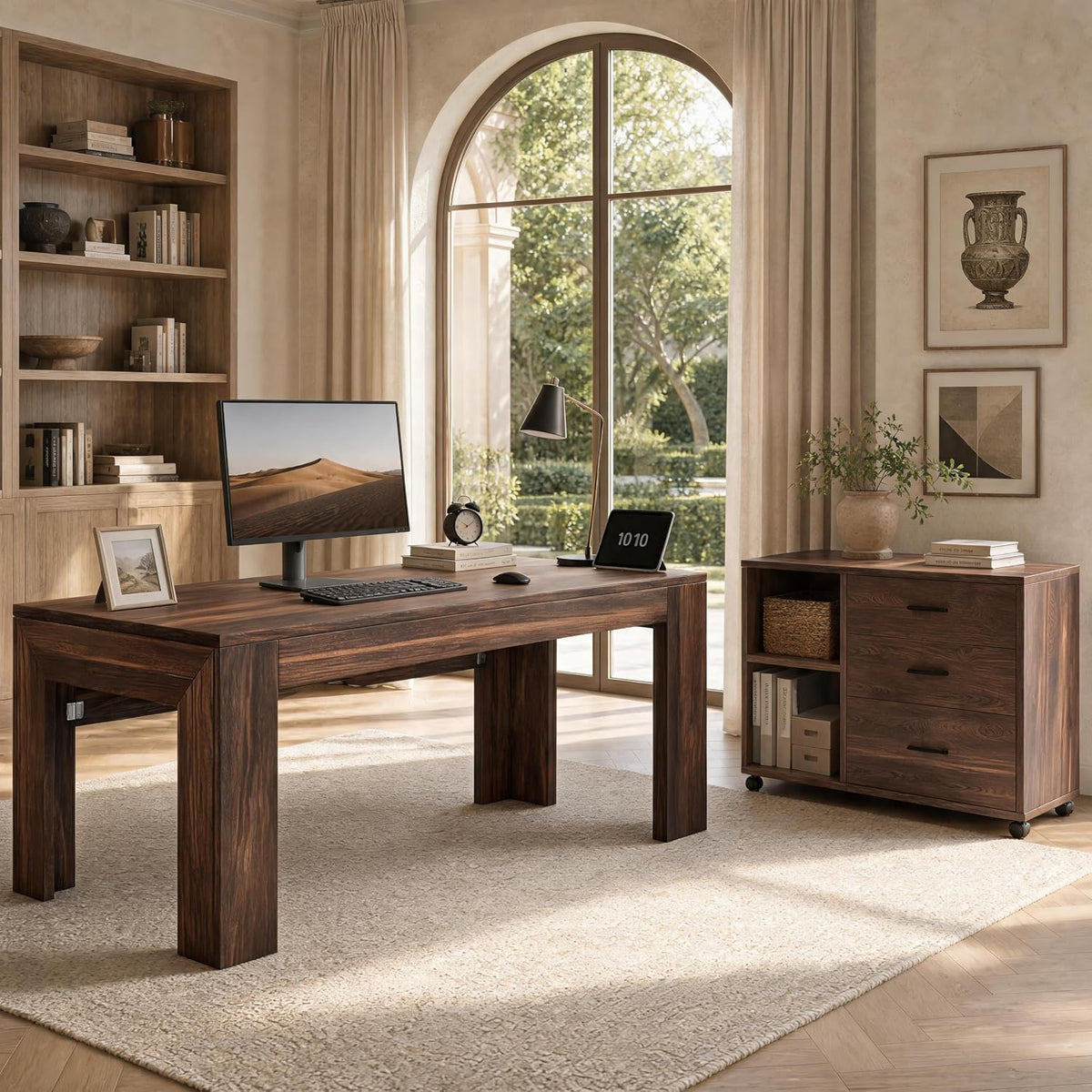 Side-angle view of a dark-stained L-shaped desk and caster-mounted file cabinet with open storage cubbies.