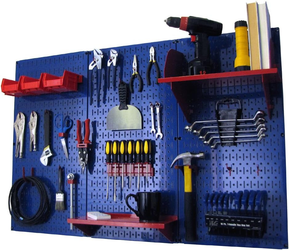 Mounted blue pegboard with red shelves holding tools, wrench set and a drill.