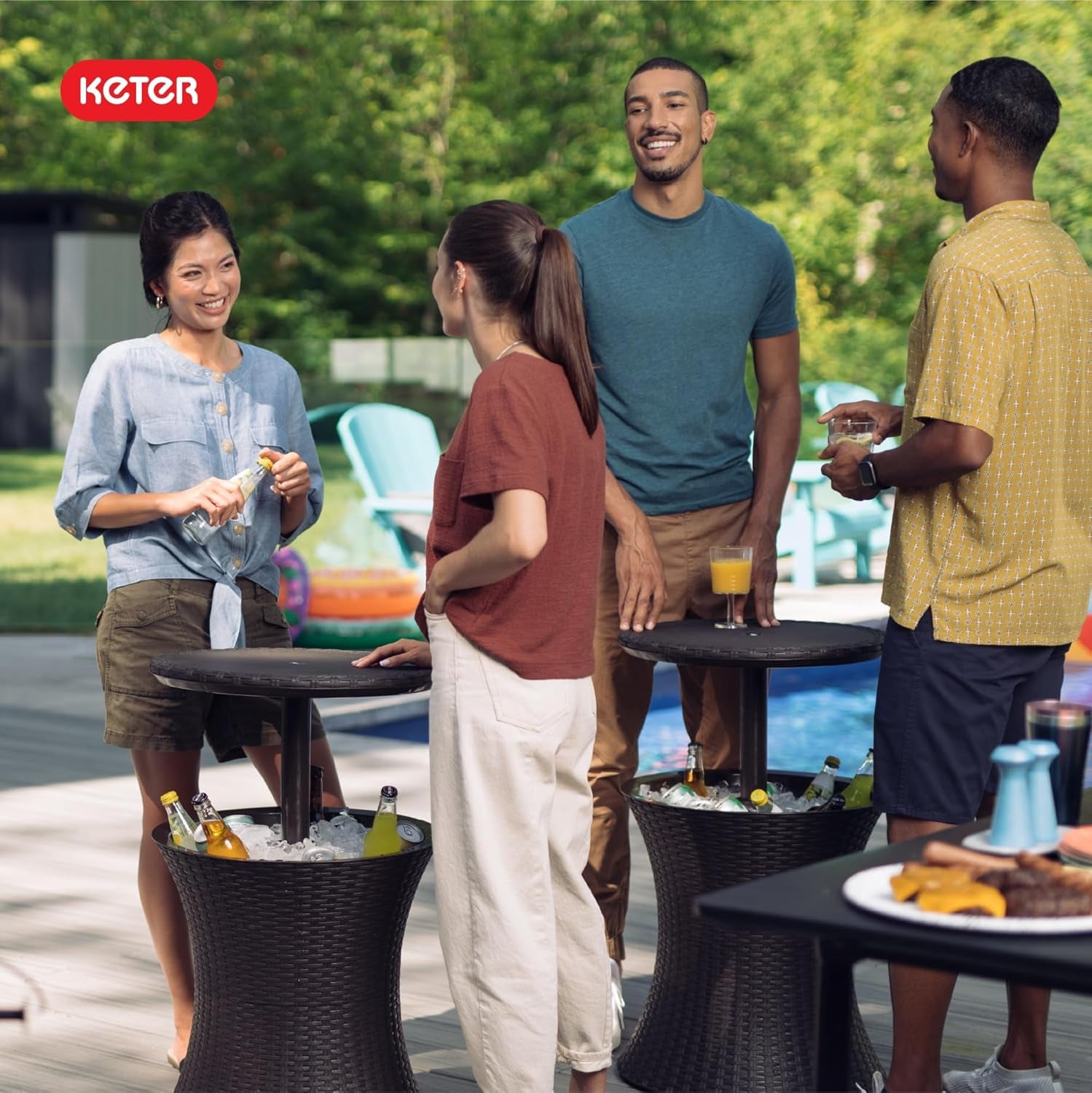 Two Cool Bar tables in use at a poolside gathering with bottles and ice visible inside cooler wells