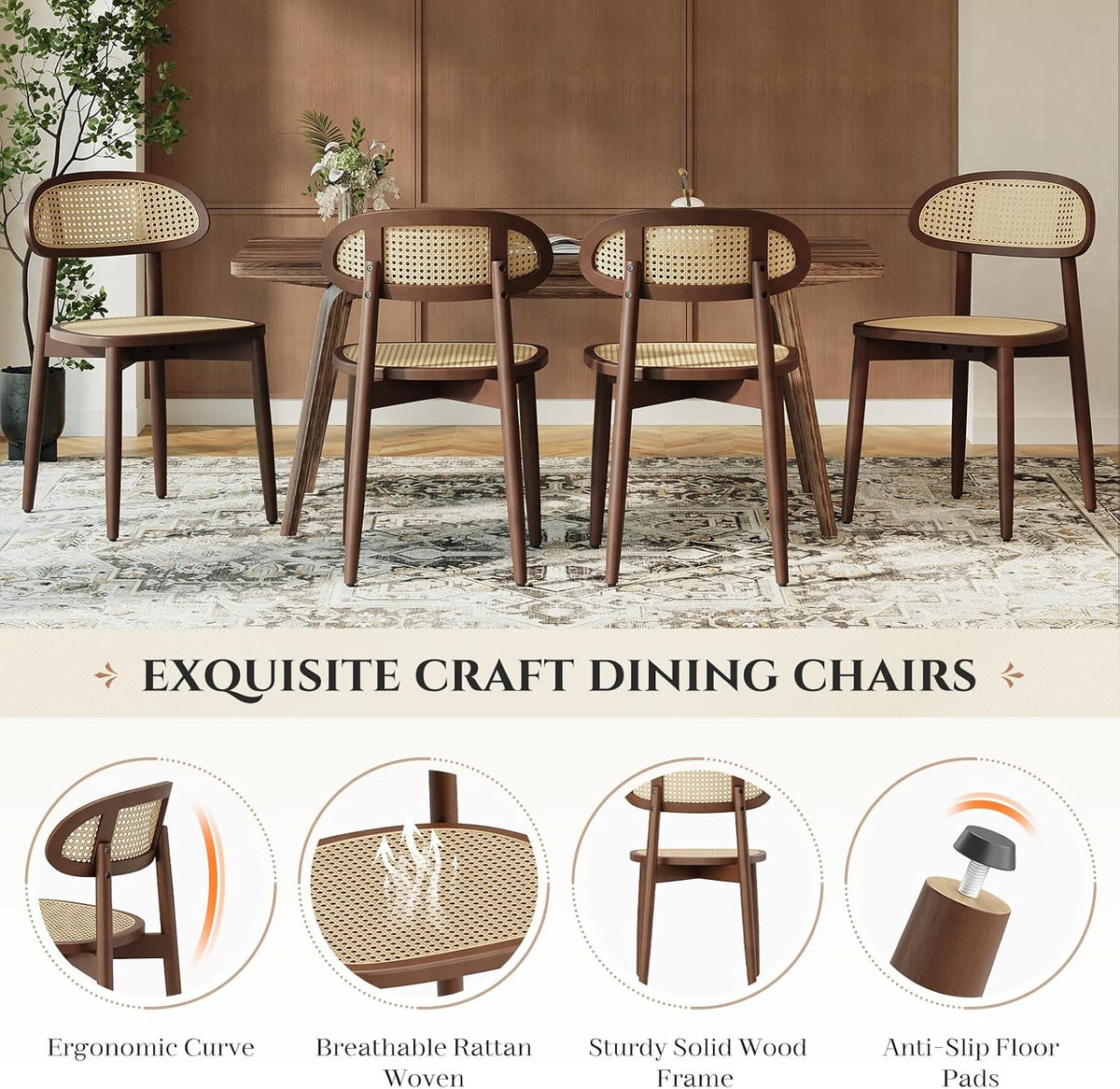 Four walnut rattan dining chairs arranged at a rectangular dining table showing back view and woven seats