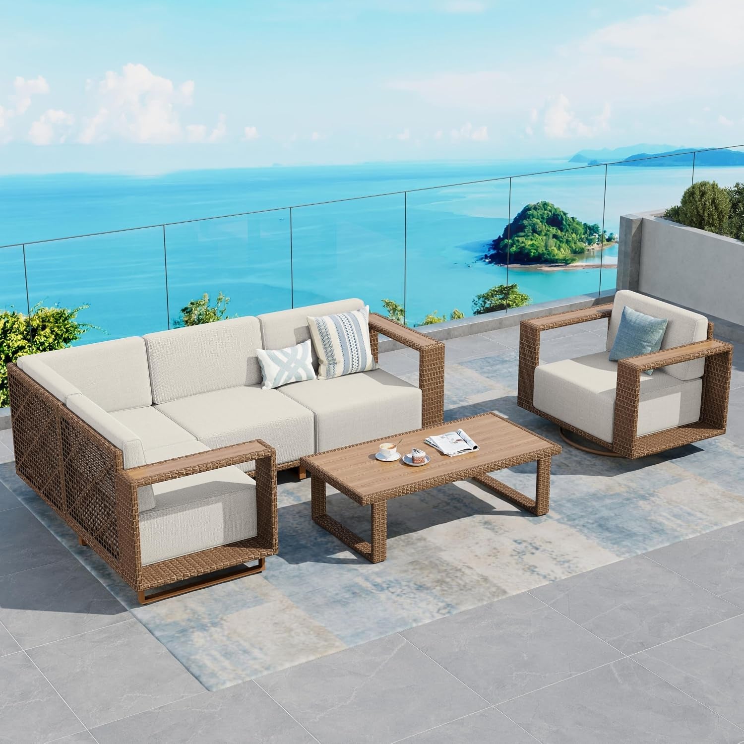Angled view of a sectional sofa with throw pillows and a coffee table beside a swivel armchair.
