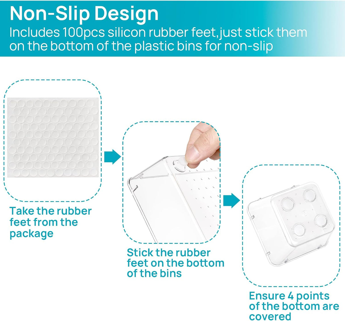 Diagram showing round silicone non-slip pads being applied to the bottoms of clear plastic trays for grip