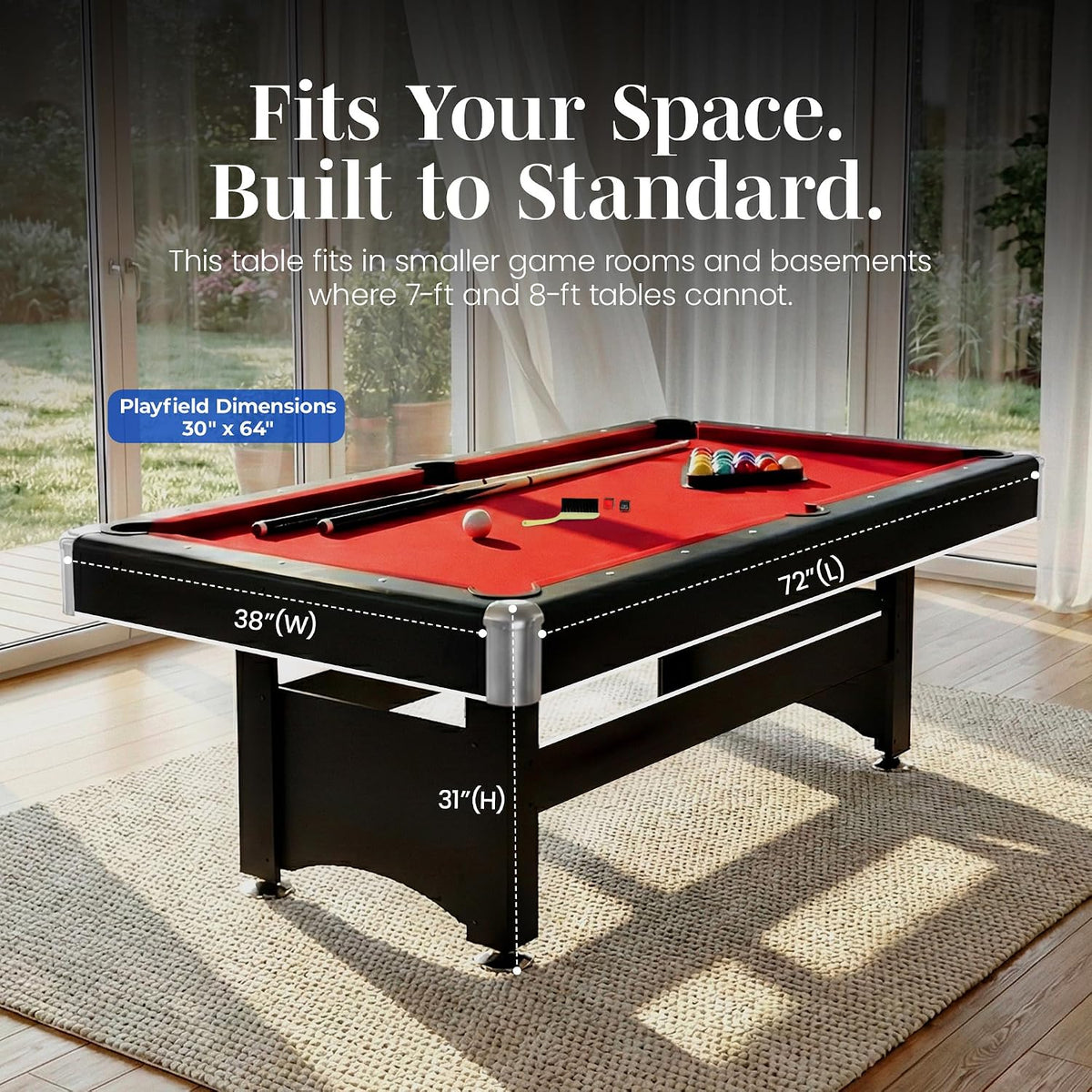 Red-felt pool table near sliding glass doors with overlaid labels showing playfield dimensions and overall 72 × 38 × 31 inch