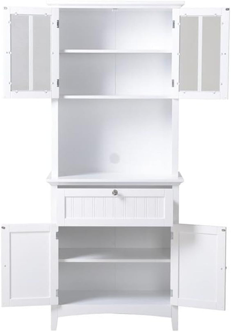 Opened upper and lower doors revealing interior shelving and open work surface in white finish