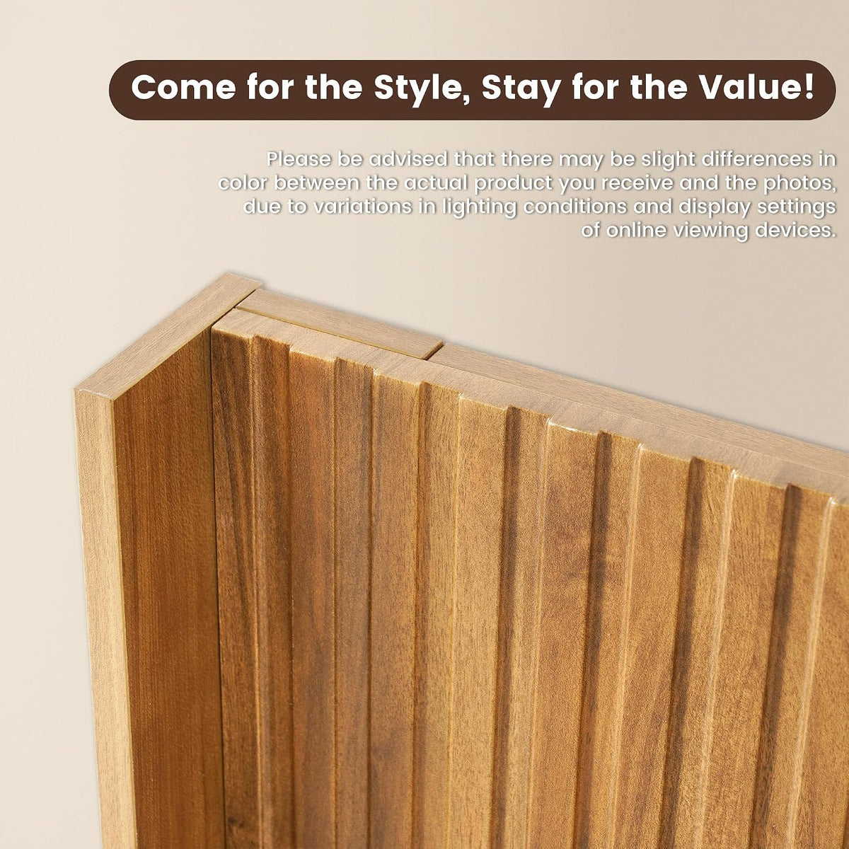 Angled close-up of the headboard's top corner showing vertical fluted grooves and wood grain texture.