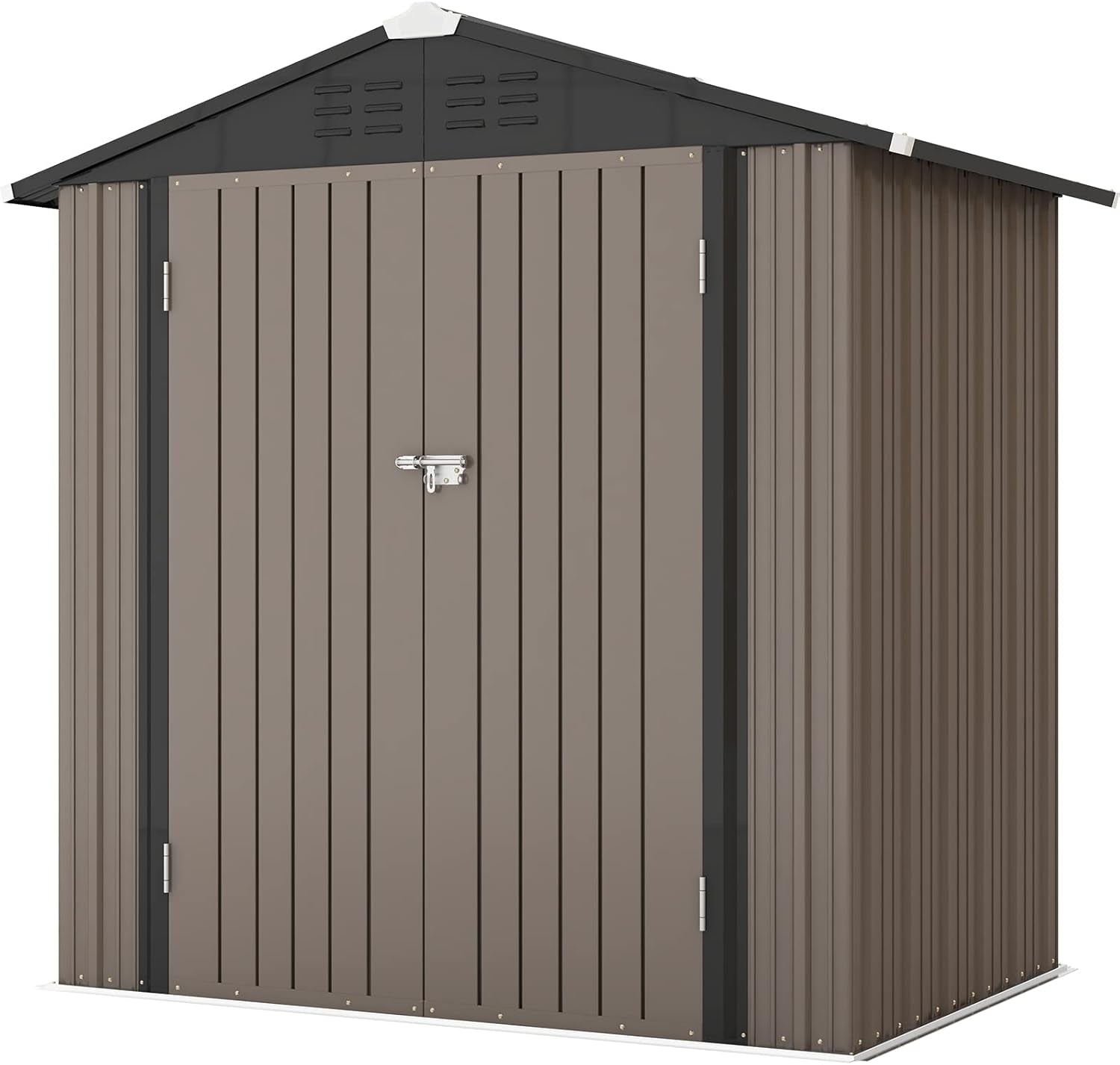 Studio-style front view of a closed metal storage shed showing double doors and a latch.