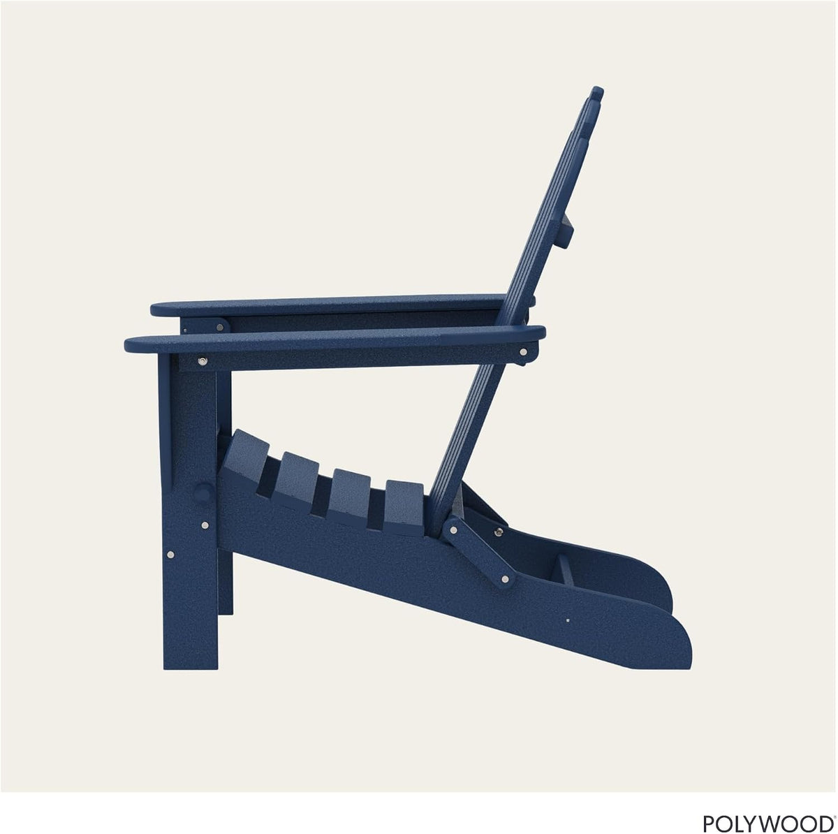 Navy Adirondack chair side view highlighting armrest and the folding seat adjustment mechanism