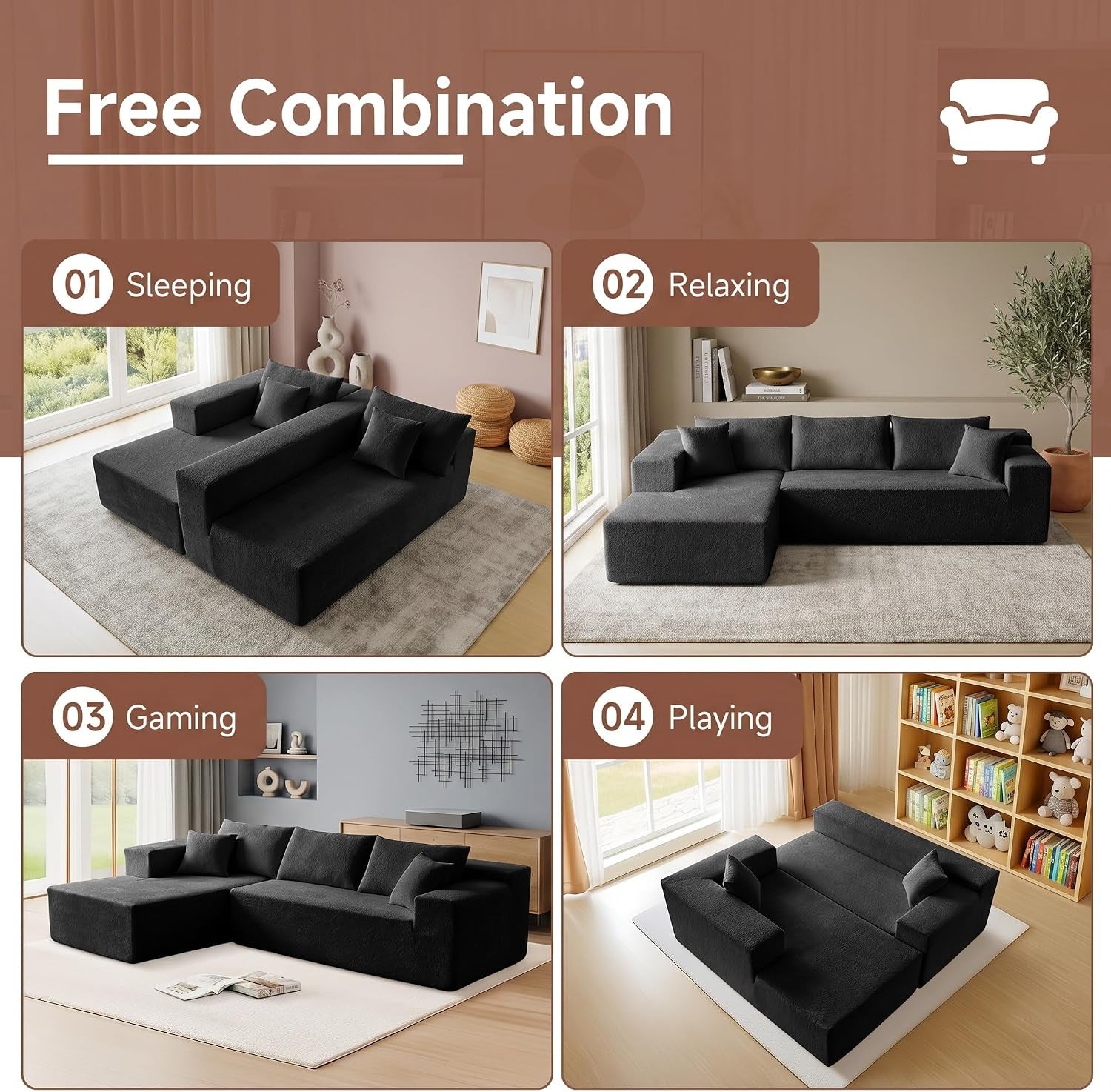 Four configuration examples of the modular sectional demonstrating sleeping, relaxing, gaming, and playing layouts