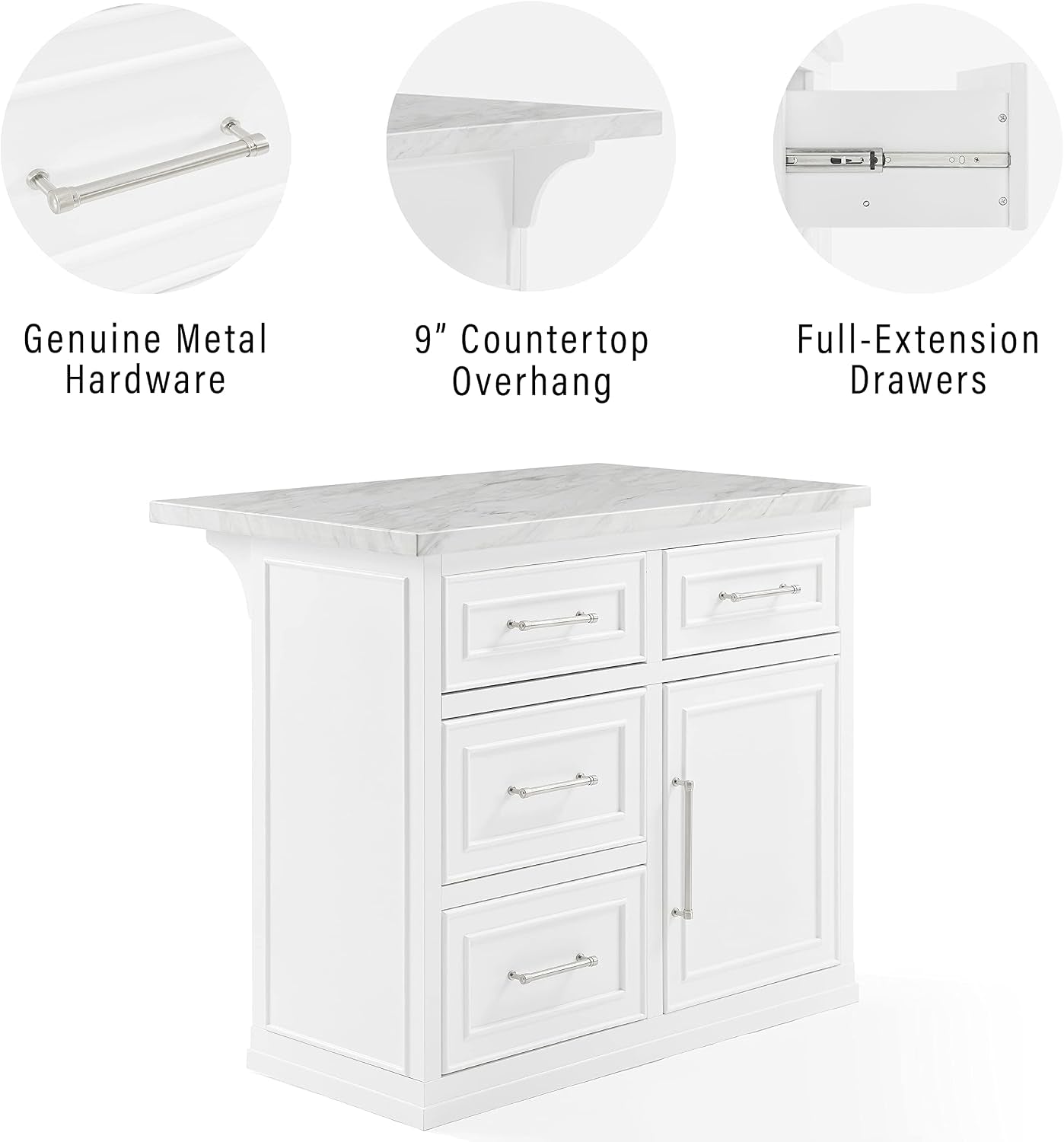 White kitchen island shown at a slight angle with faux marble top and three circular detail callouts above.