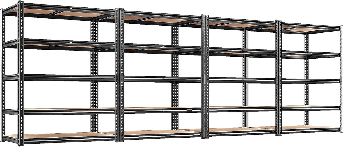 Long perspective of four black metal 5-tier shelving sections joined to form a continuous storage run.