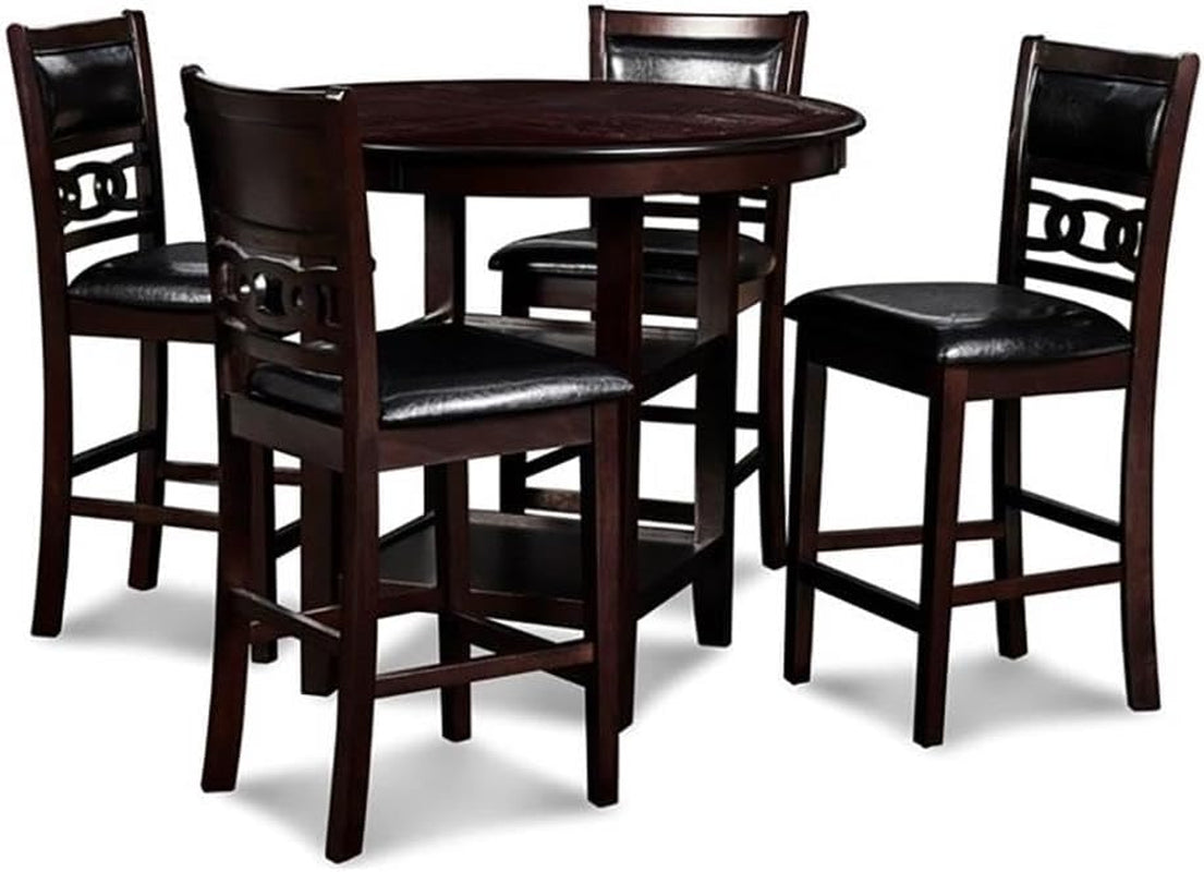 Studio three-quarter view of the round table set on white background showing black padded seats and decorative circular back