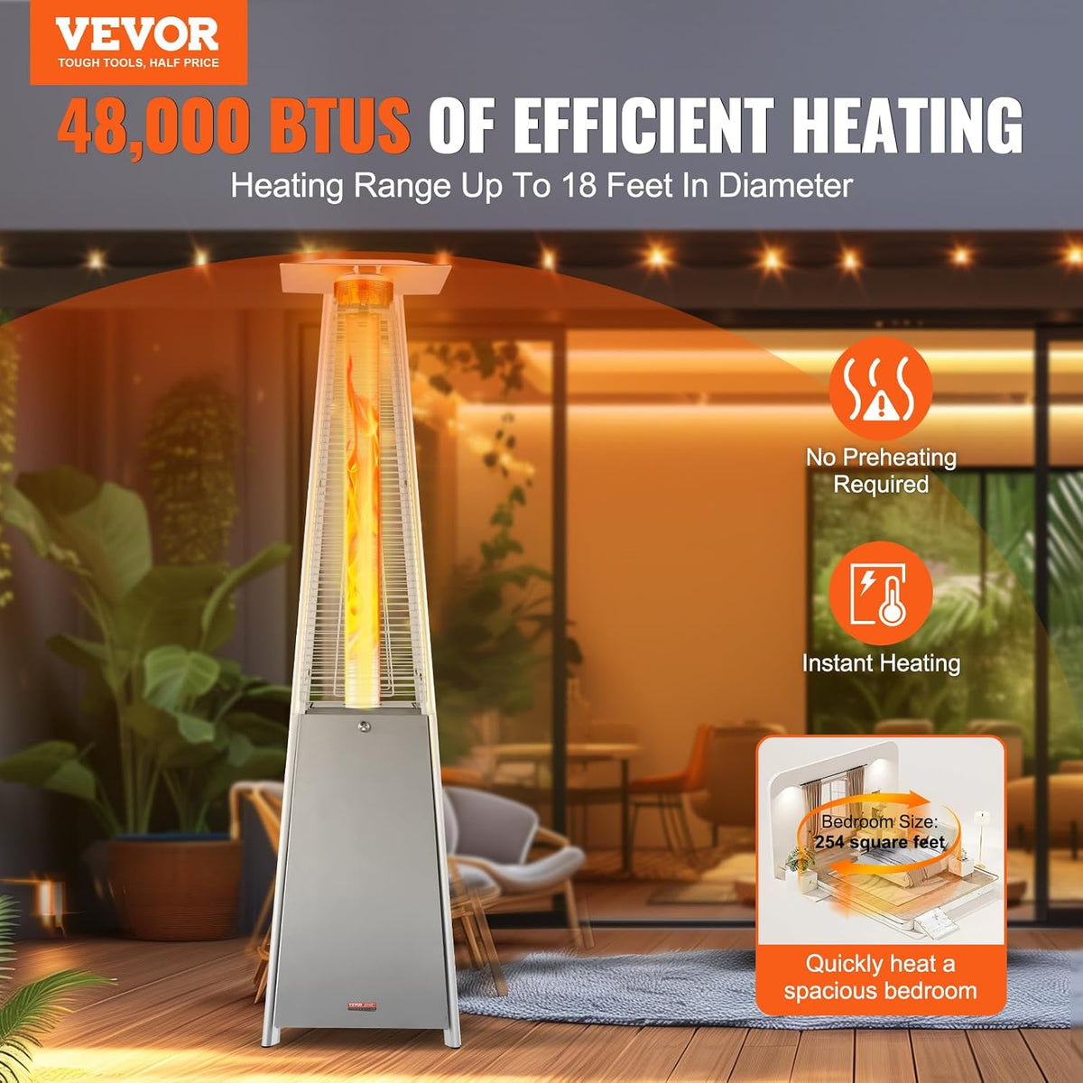 Silver pyramid patio heater on a deck with lit quartz flame and warm ambient string lights