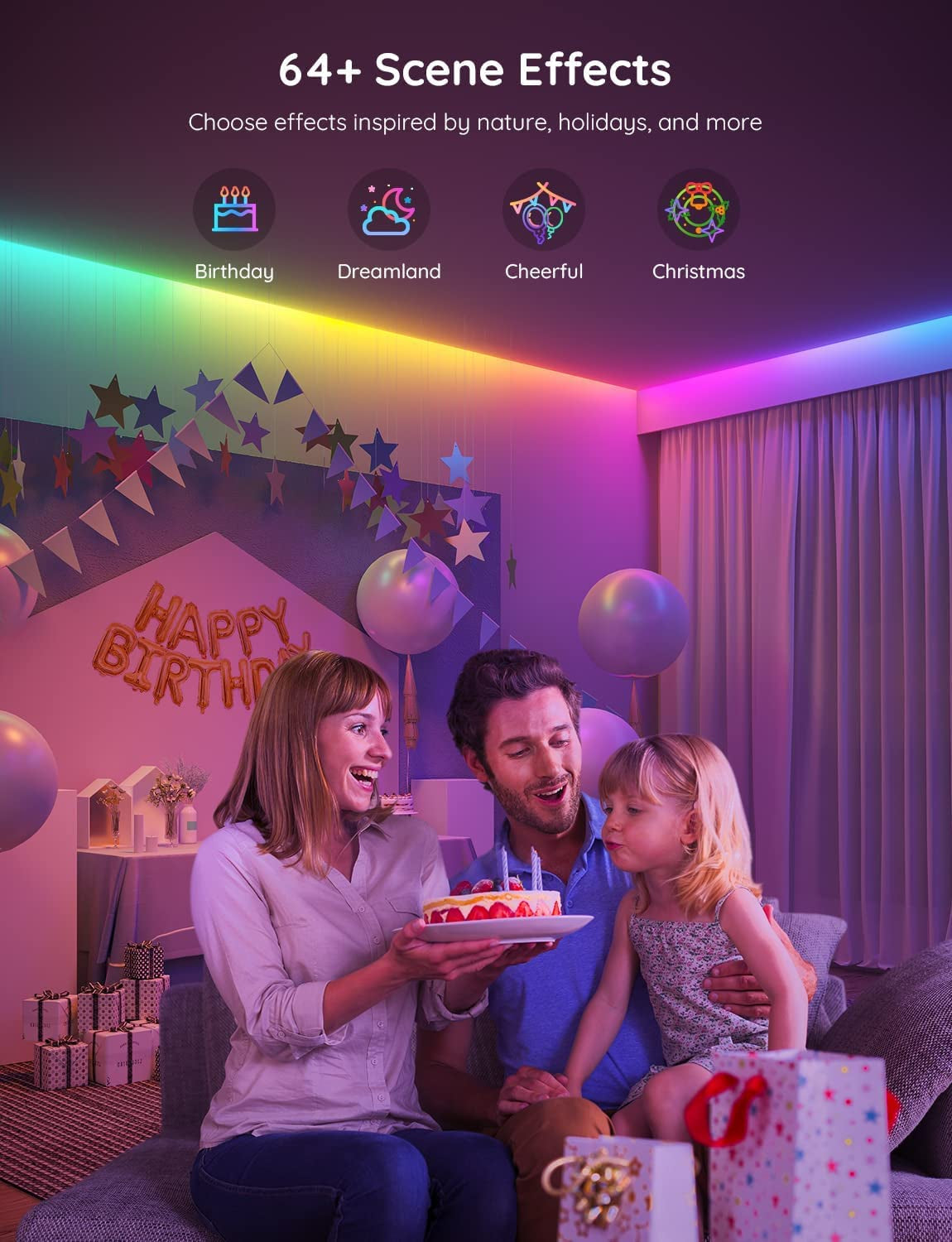 Family birthday scene under multicolor RGB strip lighting along the ceiling creating a festive atmosphere