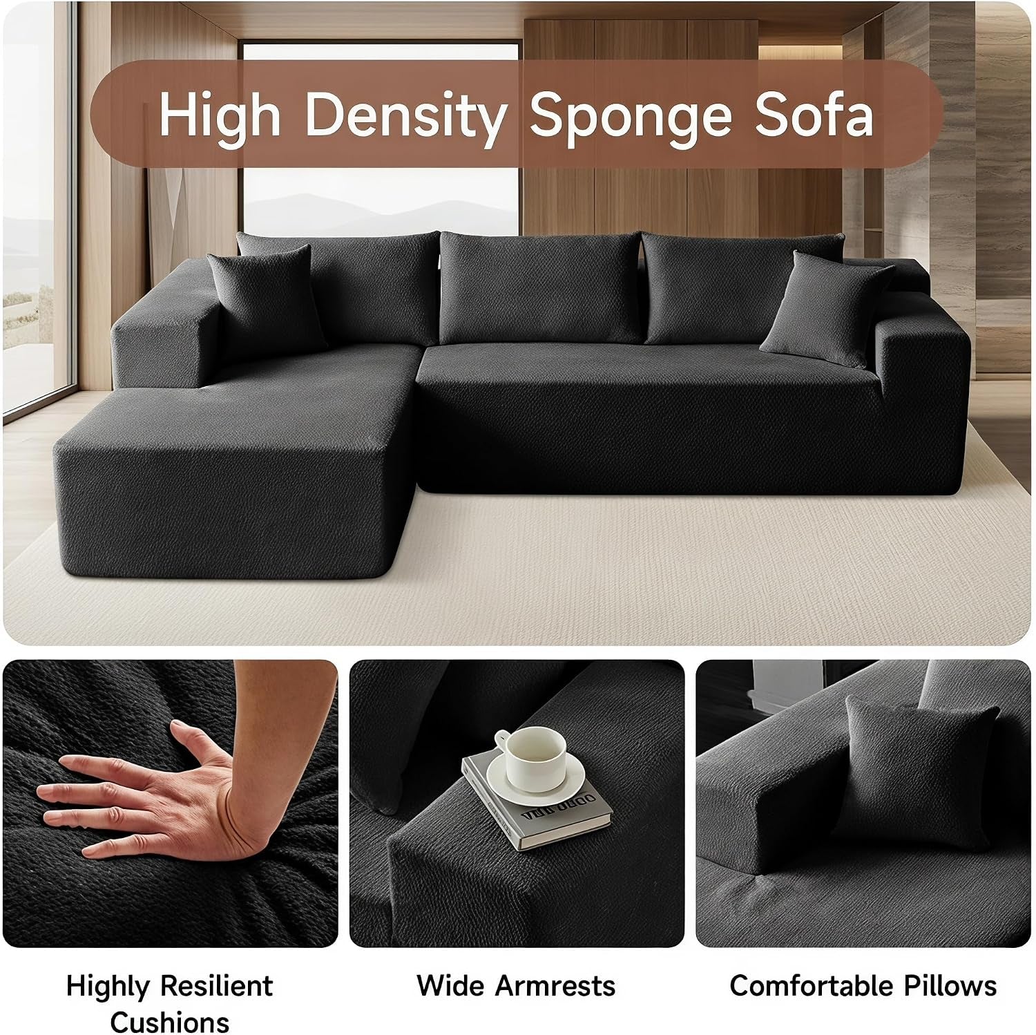 Black sofa close-up collage highlighting resilient cushions, wide armrests, and comfortable pillows