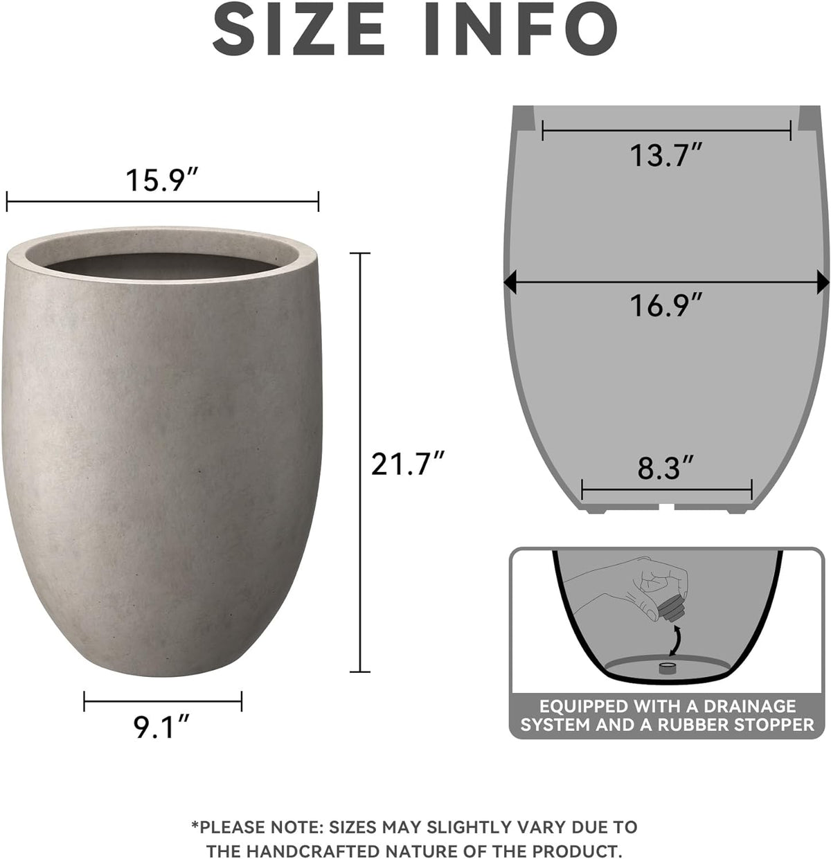 Size and diagram graphic showing planter measurements and internal planting opening with drainage plug