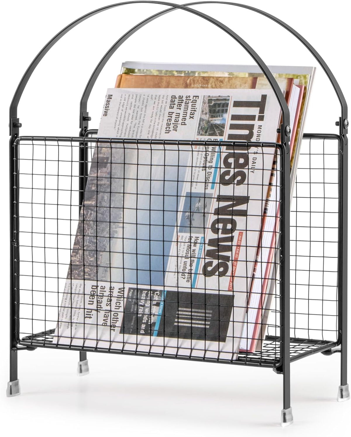 Black metal magazine rack front view holding newspapers with clear non‑scratch feet visible