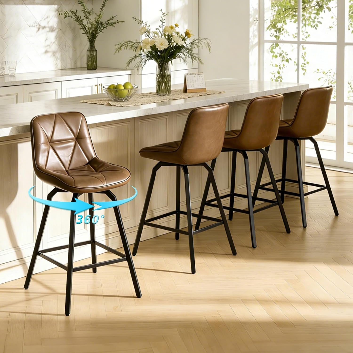 Single brown stool highlighted with a 360° arrow beside three matching stools to show swivel