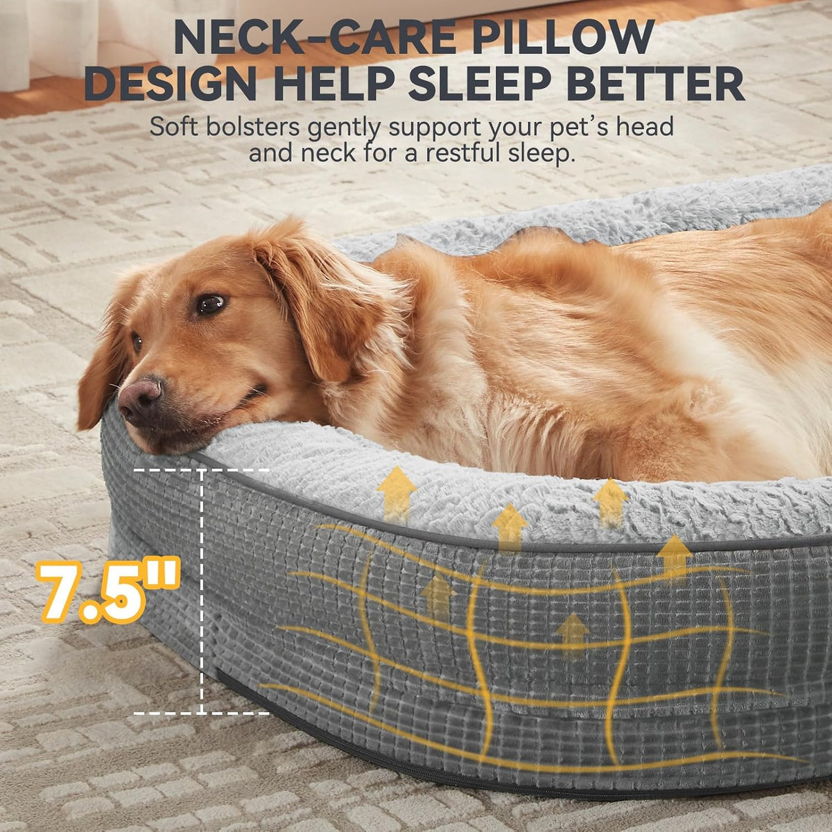 Close-up of the plush raised bolster supporting a dog’s head, showing textured fabric, piping, and airflow illustration.