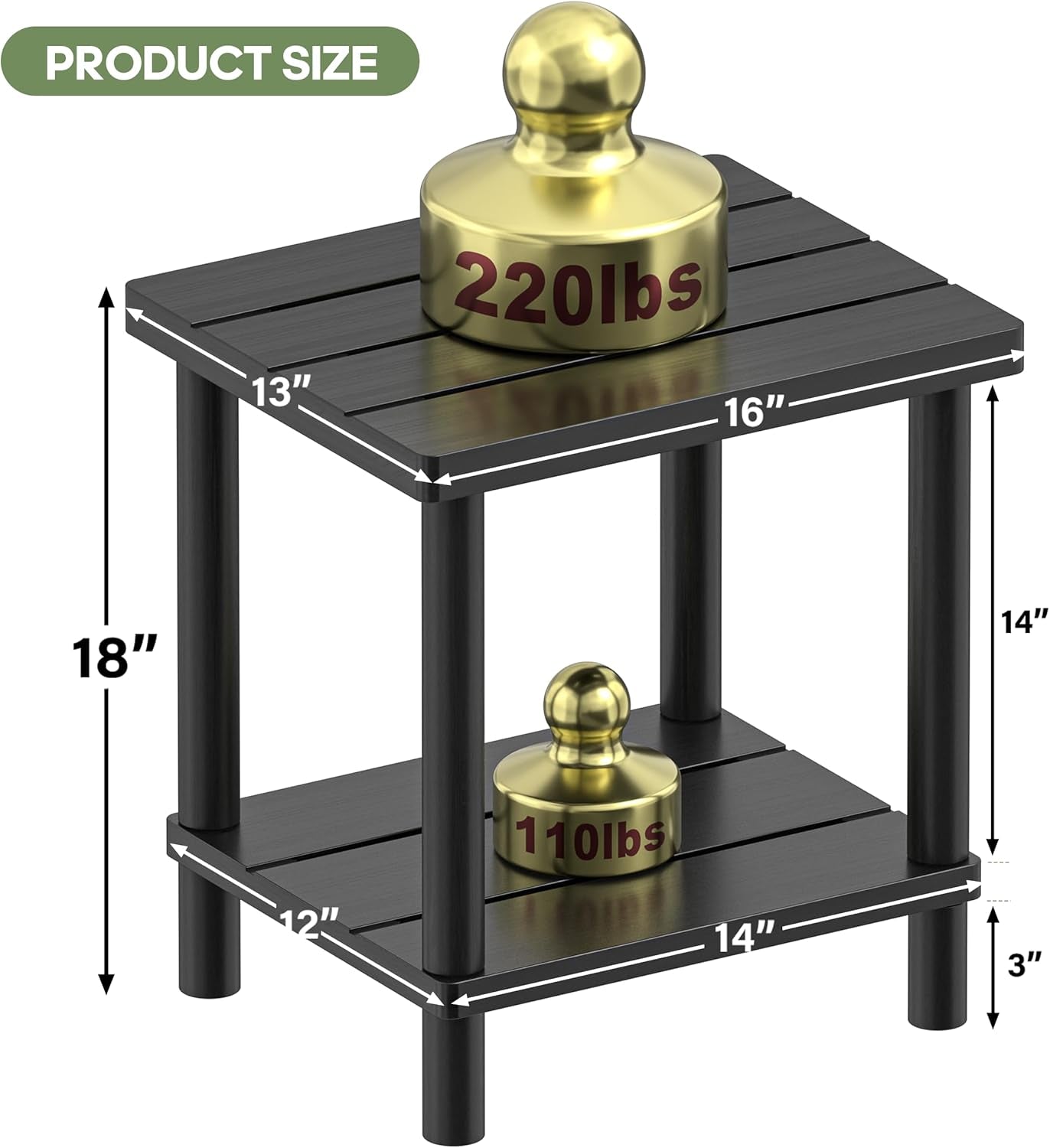 Diagram view of the bamboo side table showing panel dimensions 16"x13" and 14"x12" with weight capacities labeled