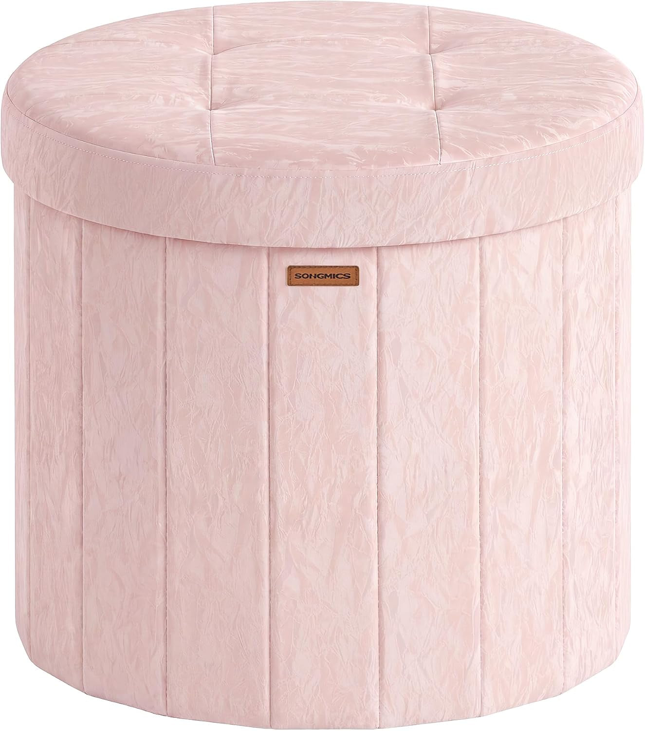 Pink round foldable storage ottoman shown front view on a white background