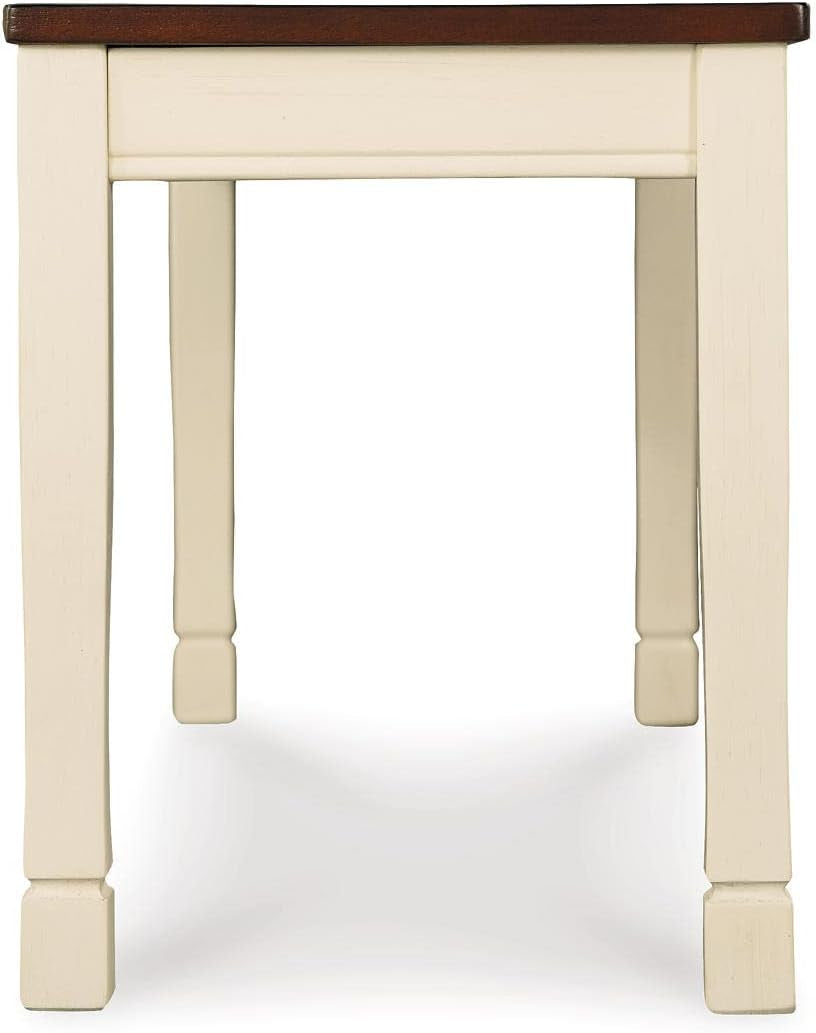Close-up front view of the bench legs showing turned square leg details and cottage white painted frame