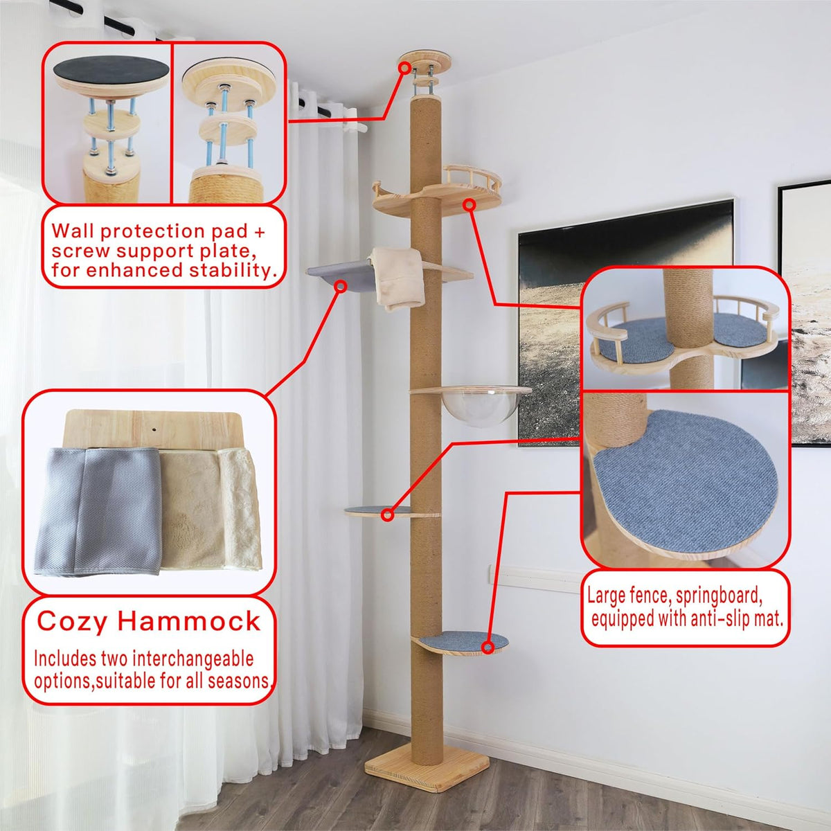 Beige cat tree with annotated callouts showing wall protection pad, cozy hammock options and anti-slip platform mats