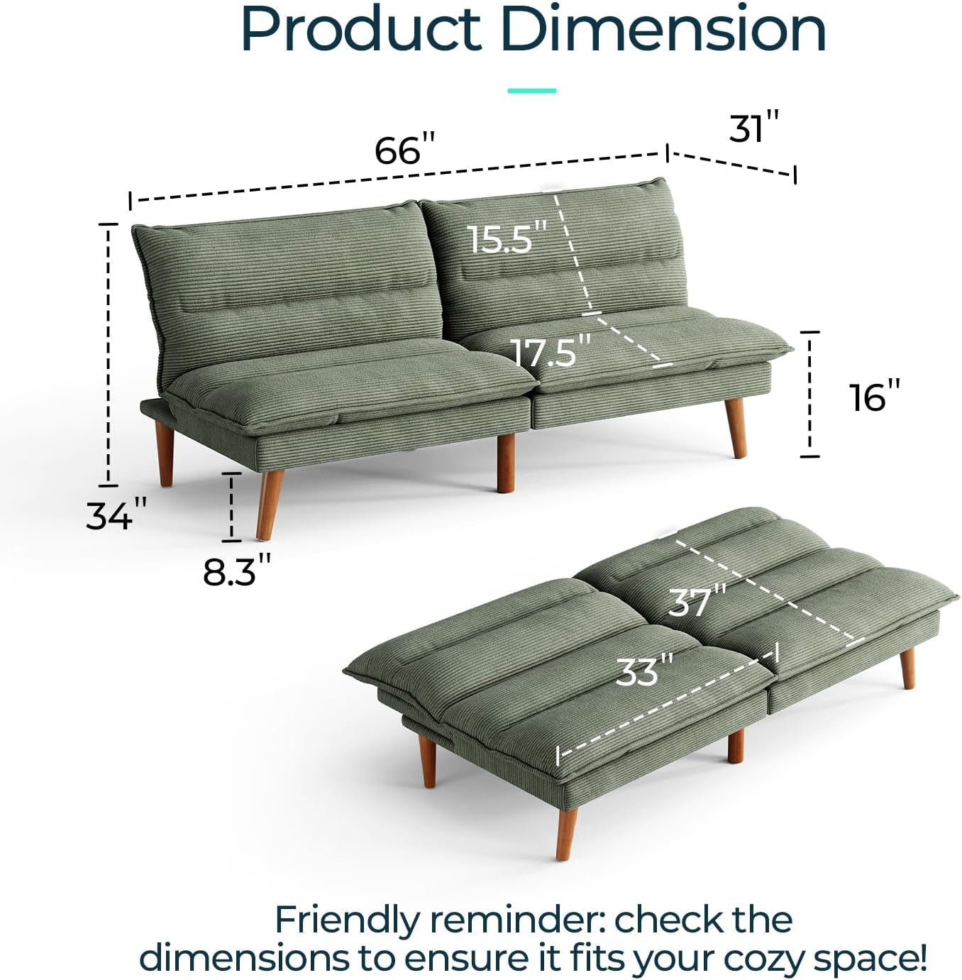Graphic diagram of the futon showing dimensions and seat/back measurements on green fabric