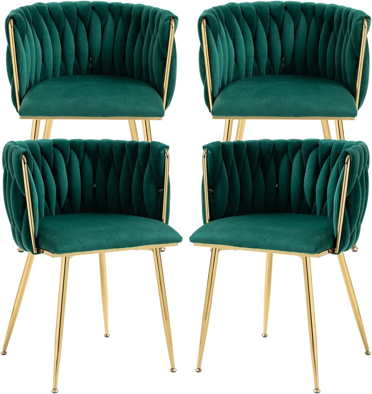 Four emerald green velvet dining chairs with quilted curved backs and gold tapered legs, arranged in grid
