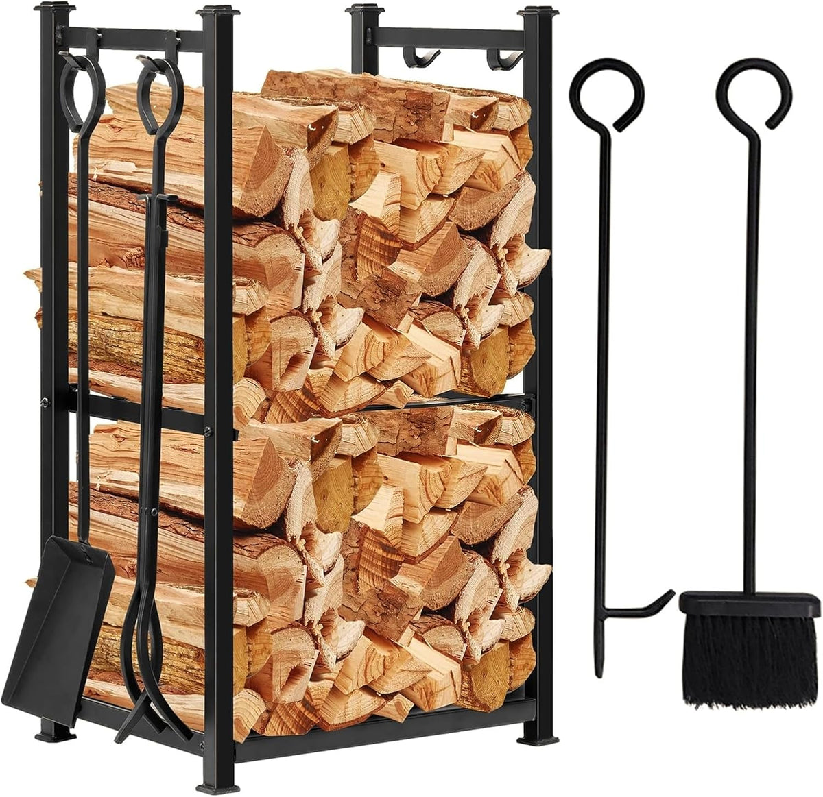 Side angle of a black wrought-iron firewood rack showing stacked logs and hanging shovel, tongs and brush tools.